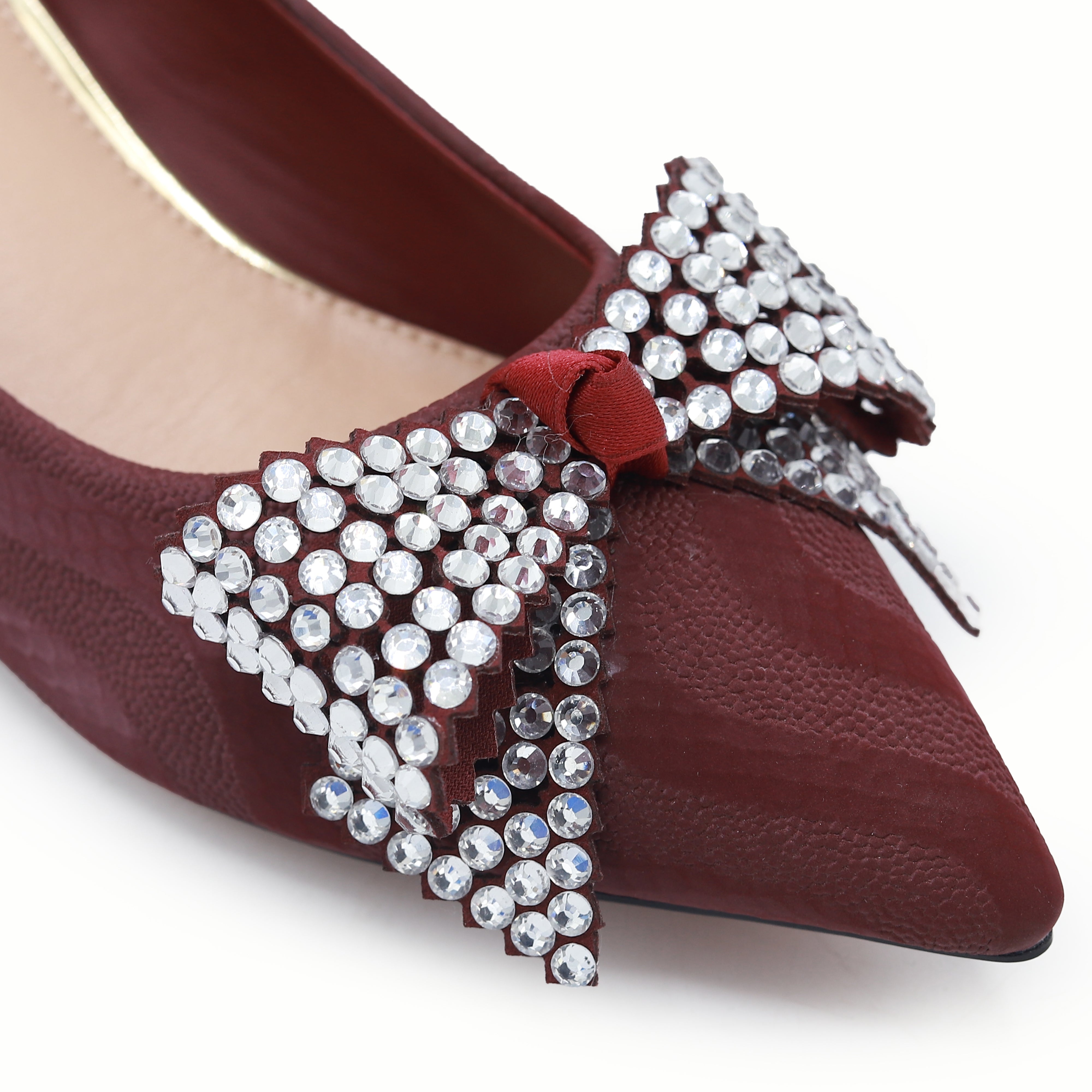 Block Heel Pumps Women's Crystal Bow Dress Shoes 8108173 Maroon