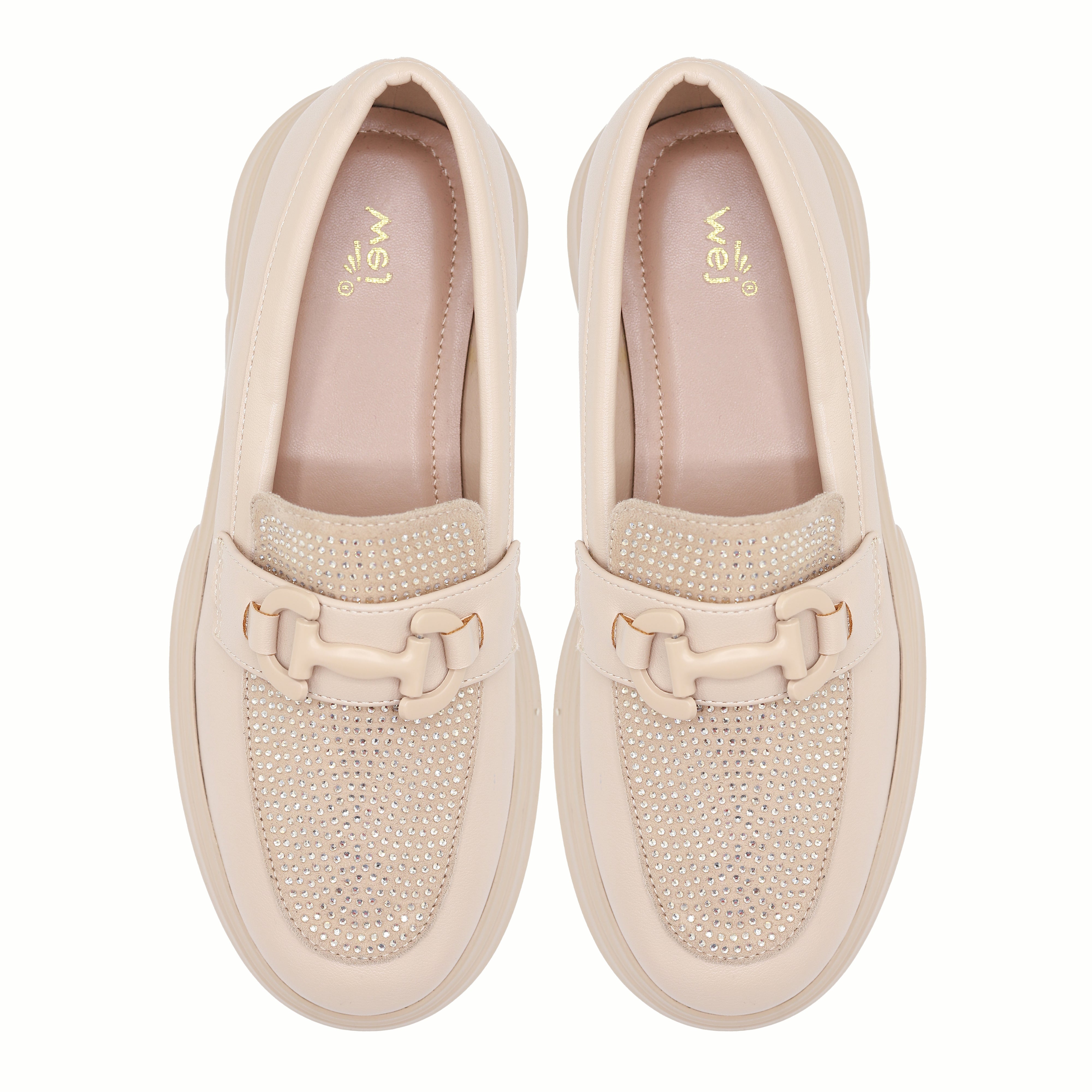 Platform Loafers Women's Rhinestone Chunky Footwear 8004424 Beige