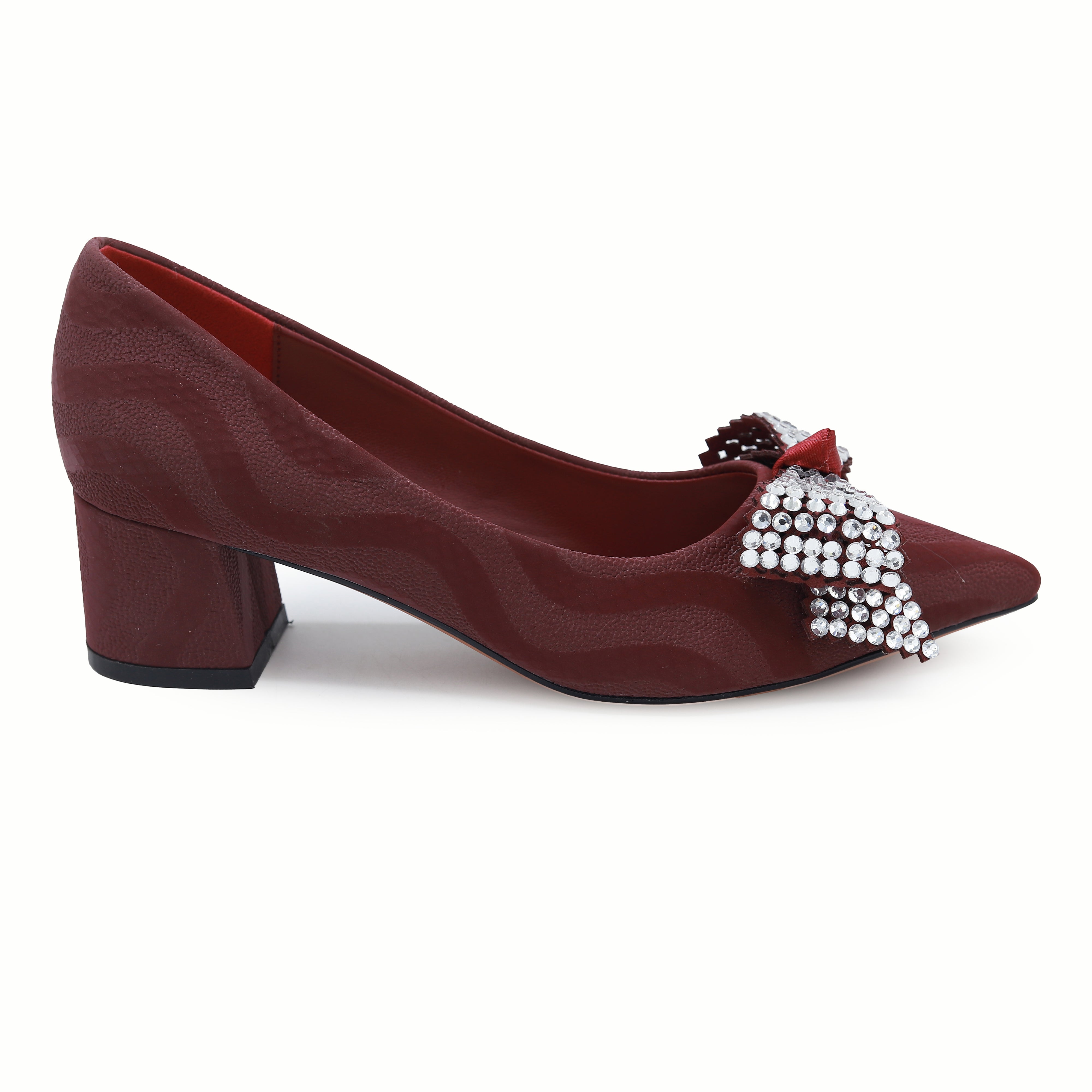 Block Heel Pumps Women's Crystal Bow Dress Shoes 8108173 Maroon