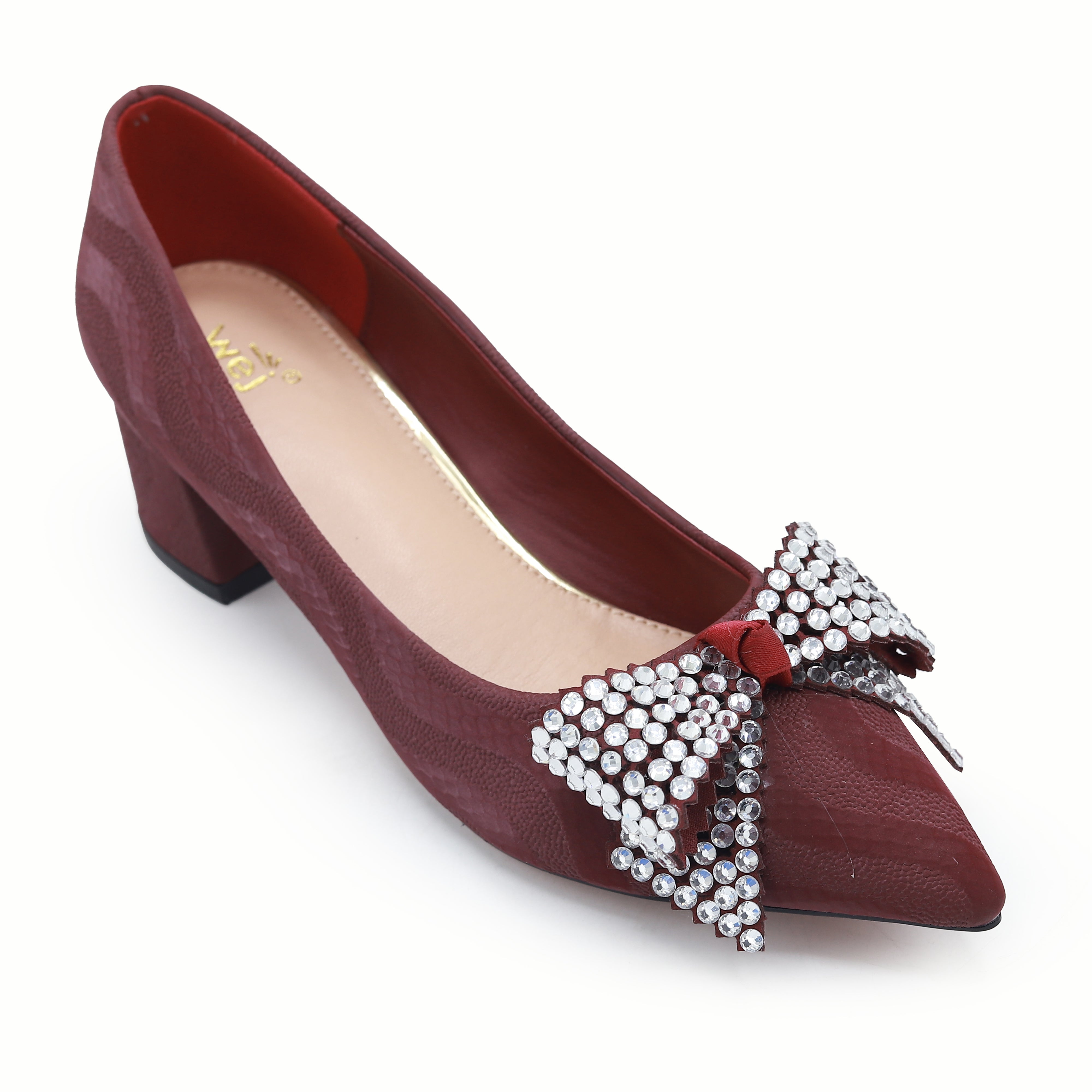 Block Heel Pumps Women's Crystal Bow Dress Shoes 8108173 Maroon
