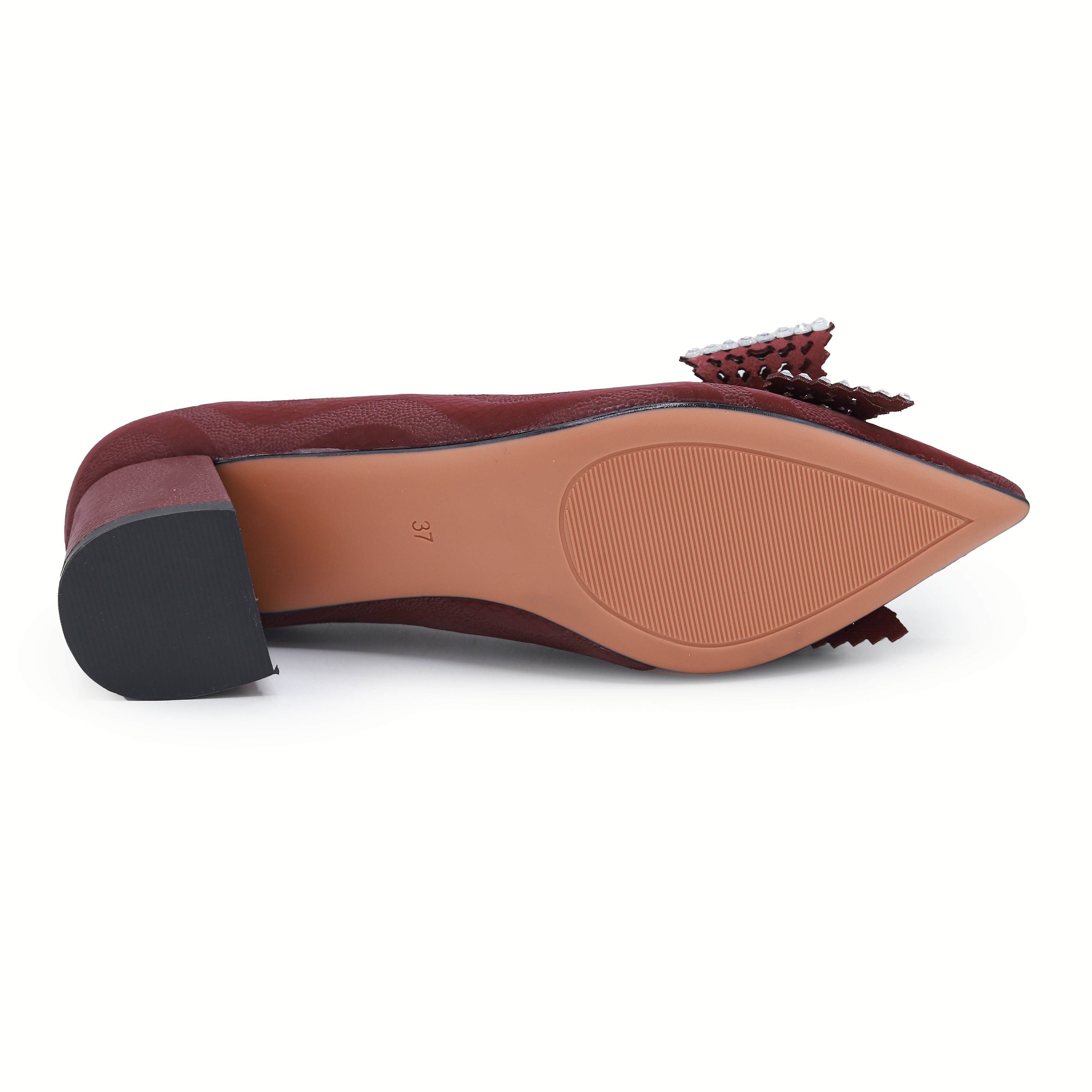 Block Heel Pumps Women's Crystal Bow Dress Shoes 8108173 Maroon