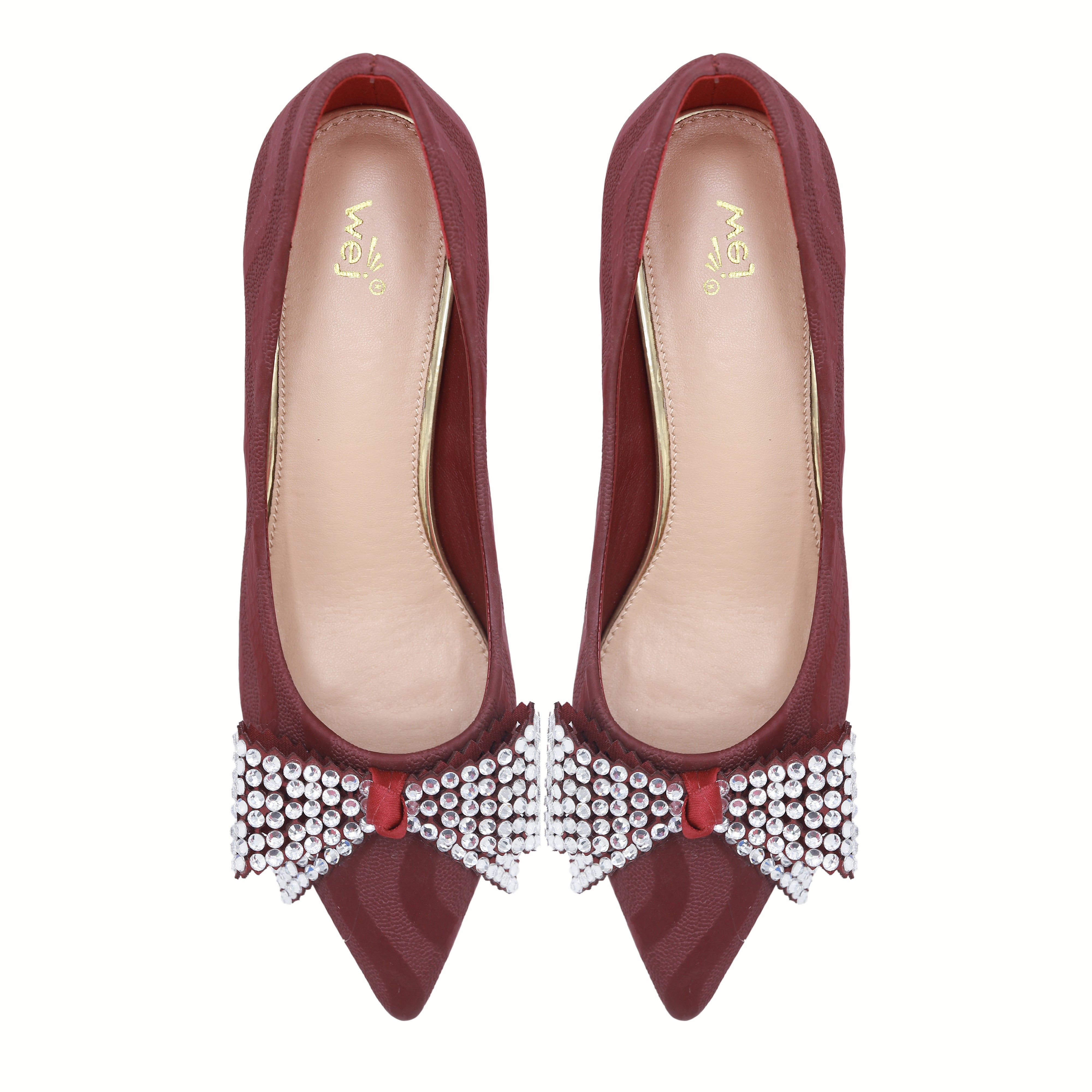 Block Heel Pumps Women's Crystal Bow Dress Shoes 8108173 Maroon