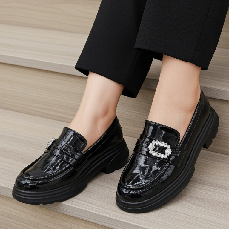 Patent Platform Loafers - Women's Lug Sole Dress Shoes 8004423 Black