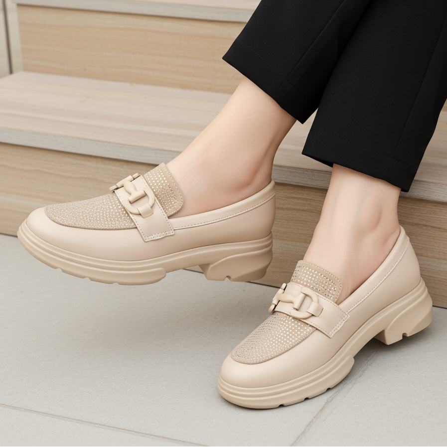 Platform Loafers Women's Rhinestone Chunky Footwear 8004424 Beige