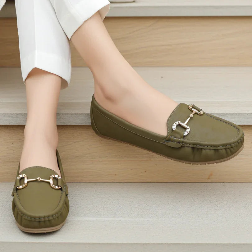Women's Olive Green Loafers with Buckle Detail – E Fashion Women's Olive Green Loafers with Buckle Detail – E Fashion
