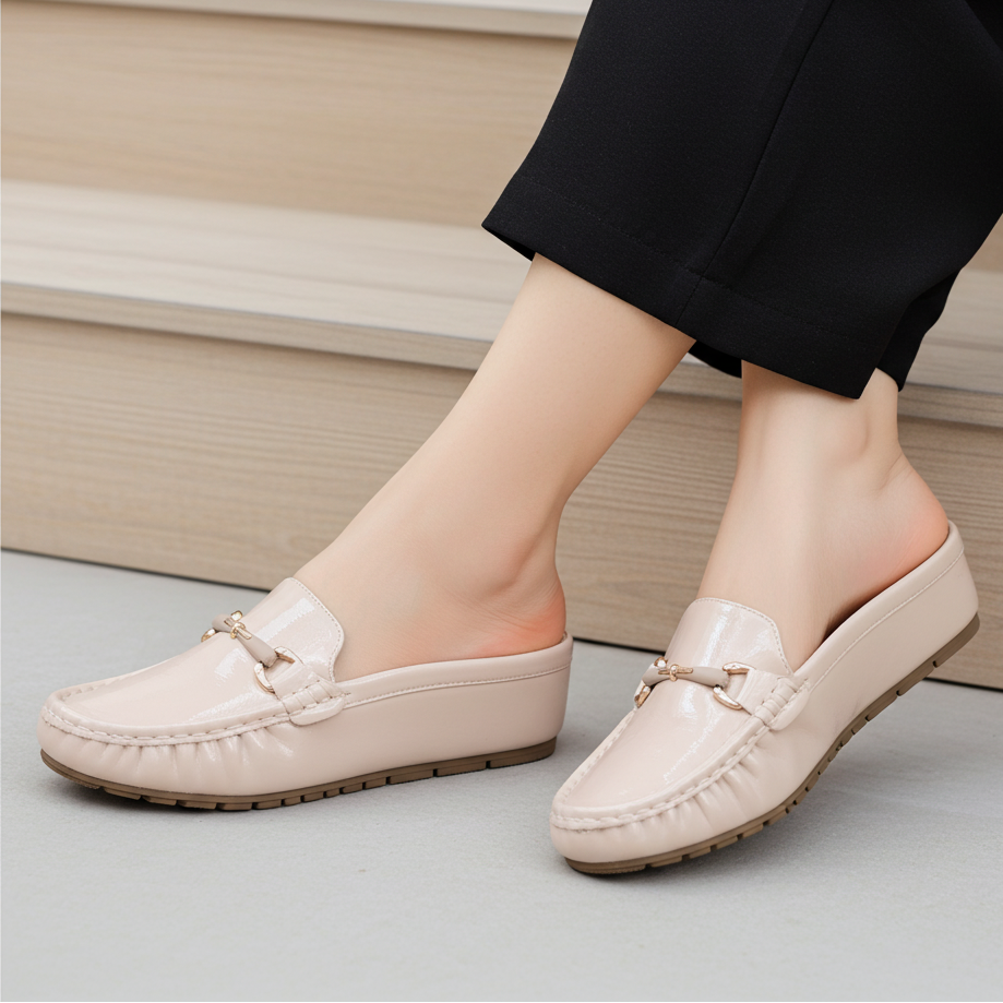 Patent Loafer Mules Women's Wedge Half Shoes 8007217 Beige