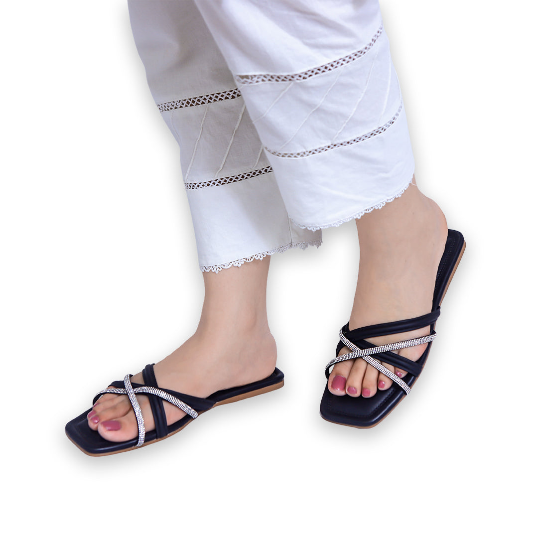 Black Fancy Strappy Flats - 8003421