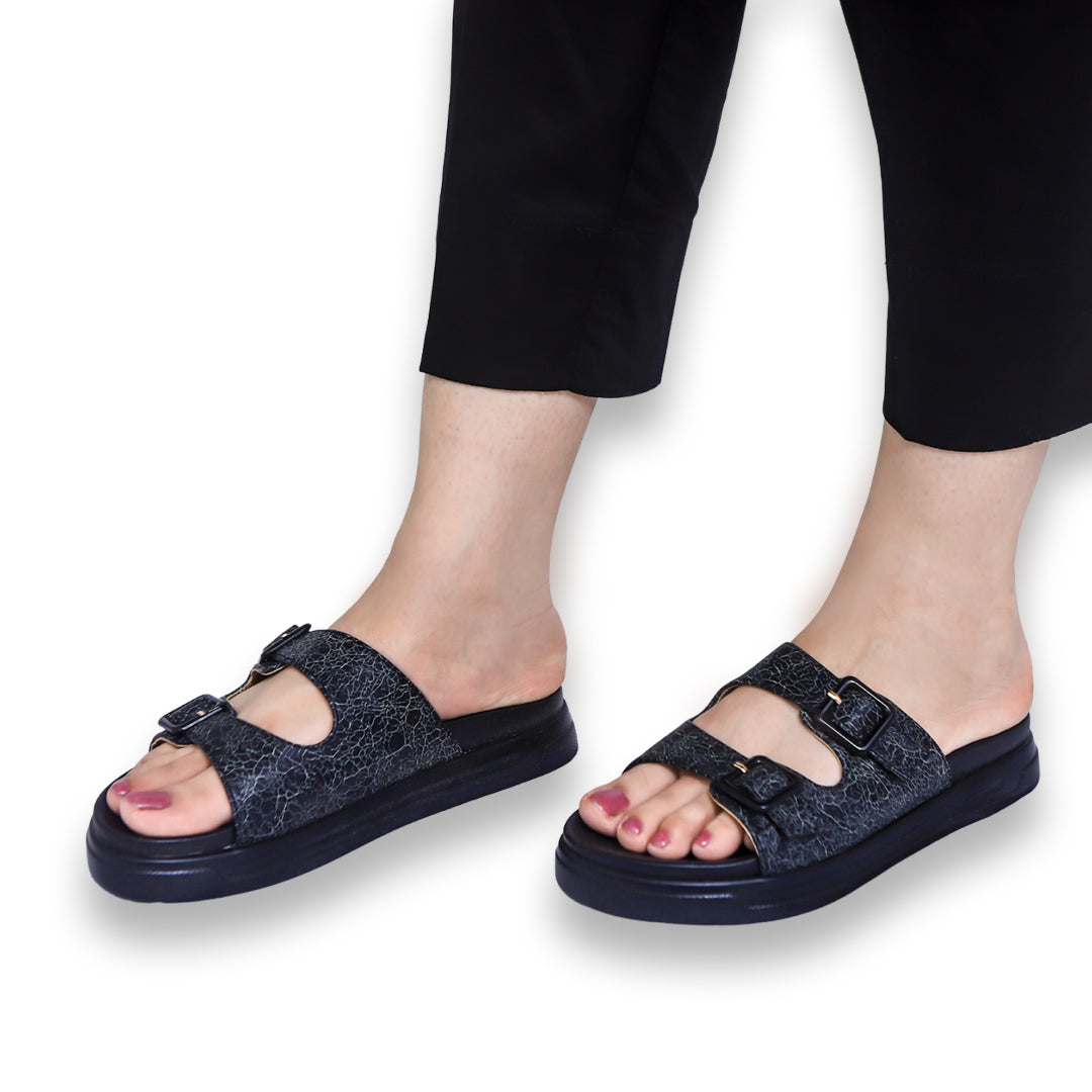 Black Double Buckle Slides Sandals - 8003429