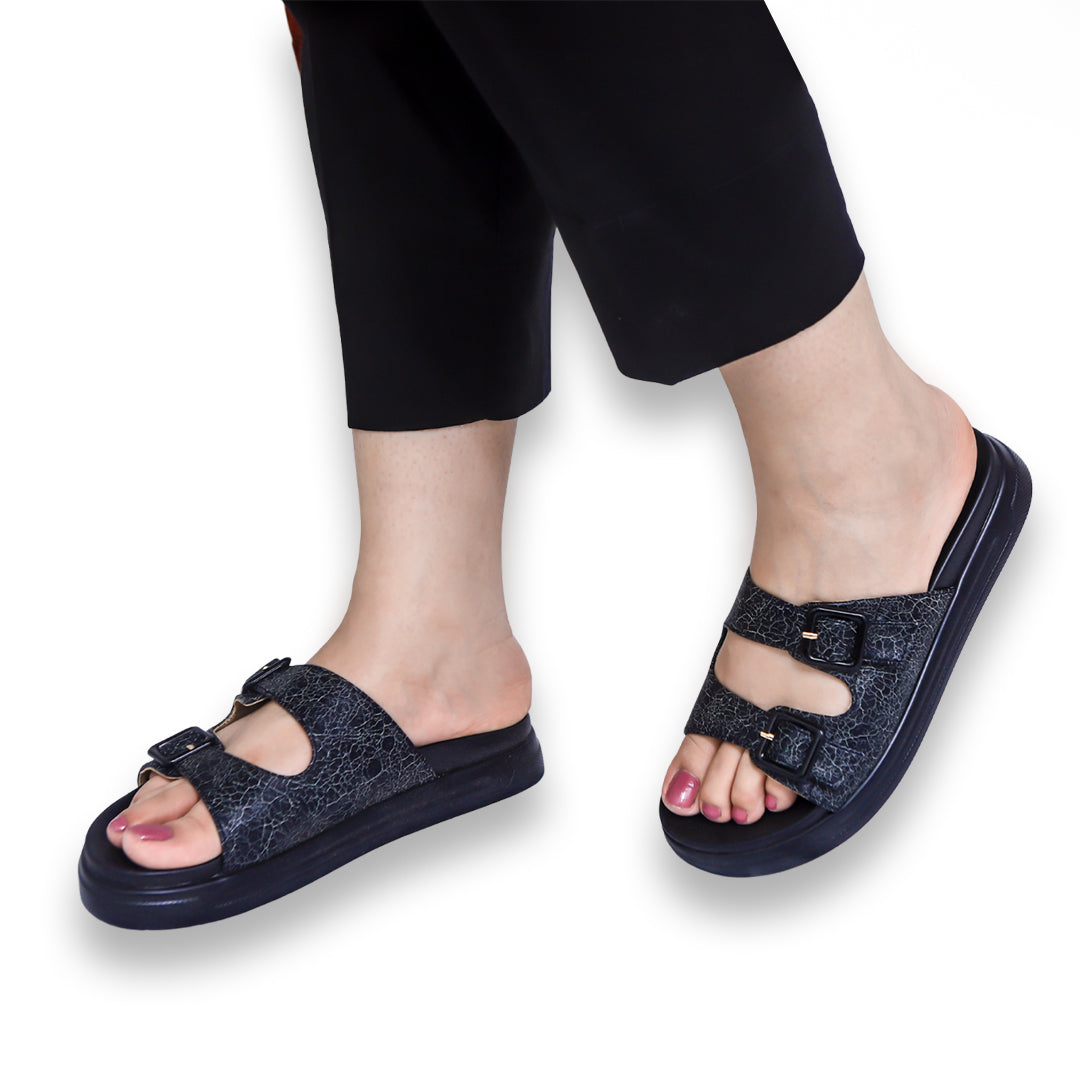 Black Double Buckle Slides Sandals - 8003429