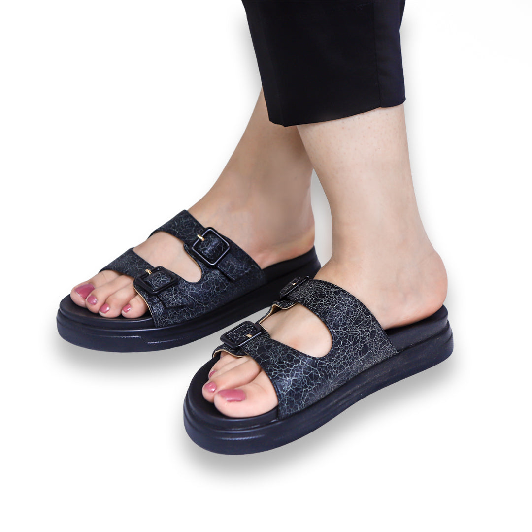 Black Double Buckle Slides Sandals - 8003429