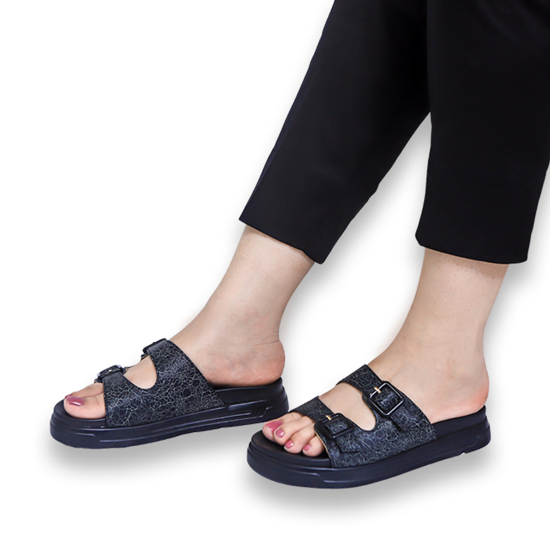 Black Double Buckle Slides Sandals - 8003429