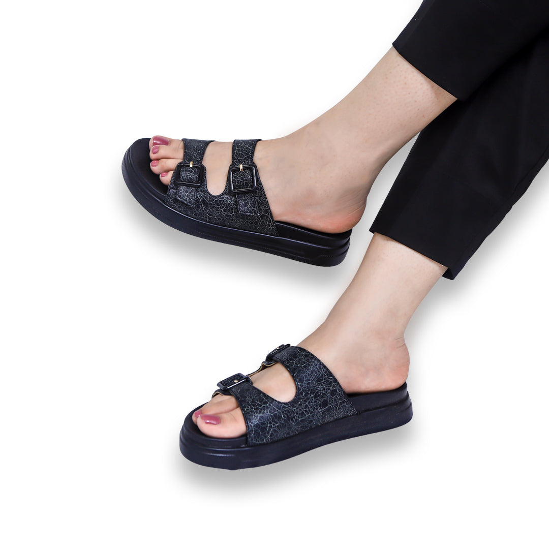Black Double Buckle Slides Sandals - 8003429