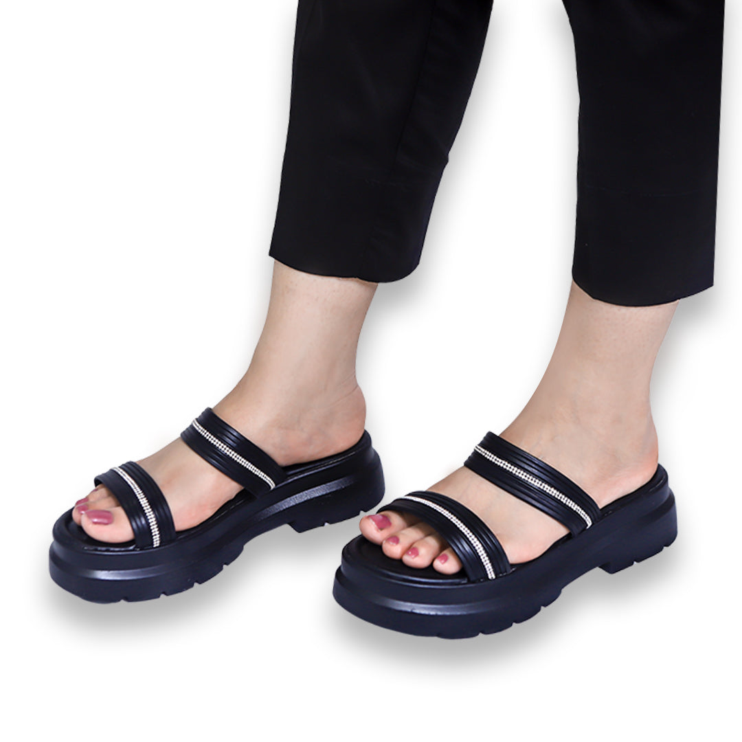 Black Rhinestone Chunky Sole Sandals - 8003304