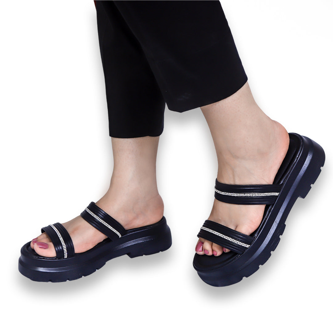 Black Rhinestone Chunky Sole Sandals - 8003304