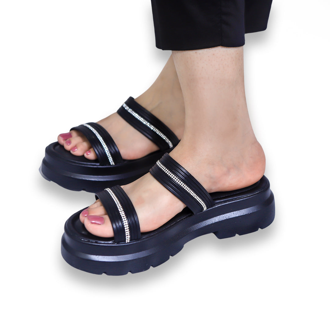 Black Rhinestone Chunky Sole Sandals - 8003304