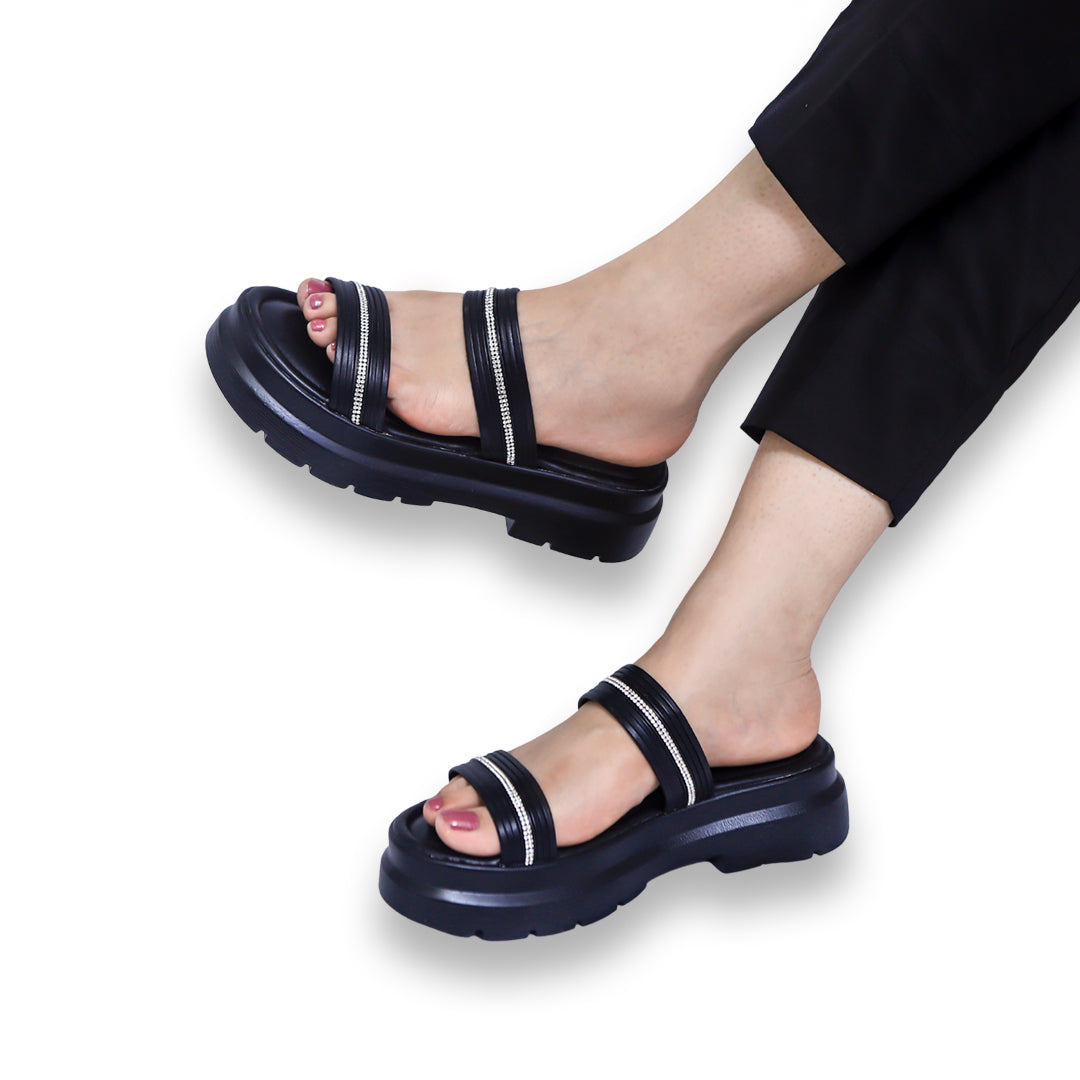 Black Rhinestone Chunky Sole Sandals - 8003304