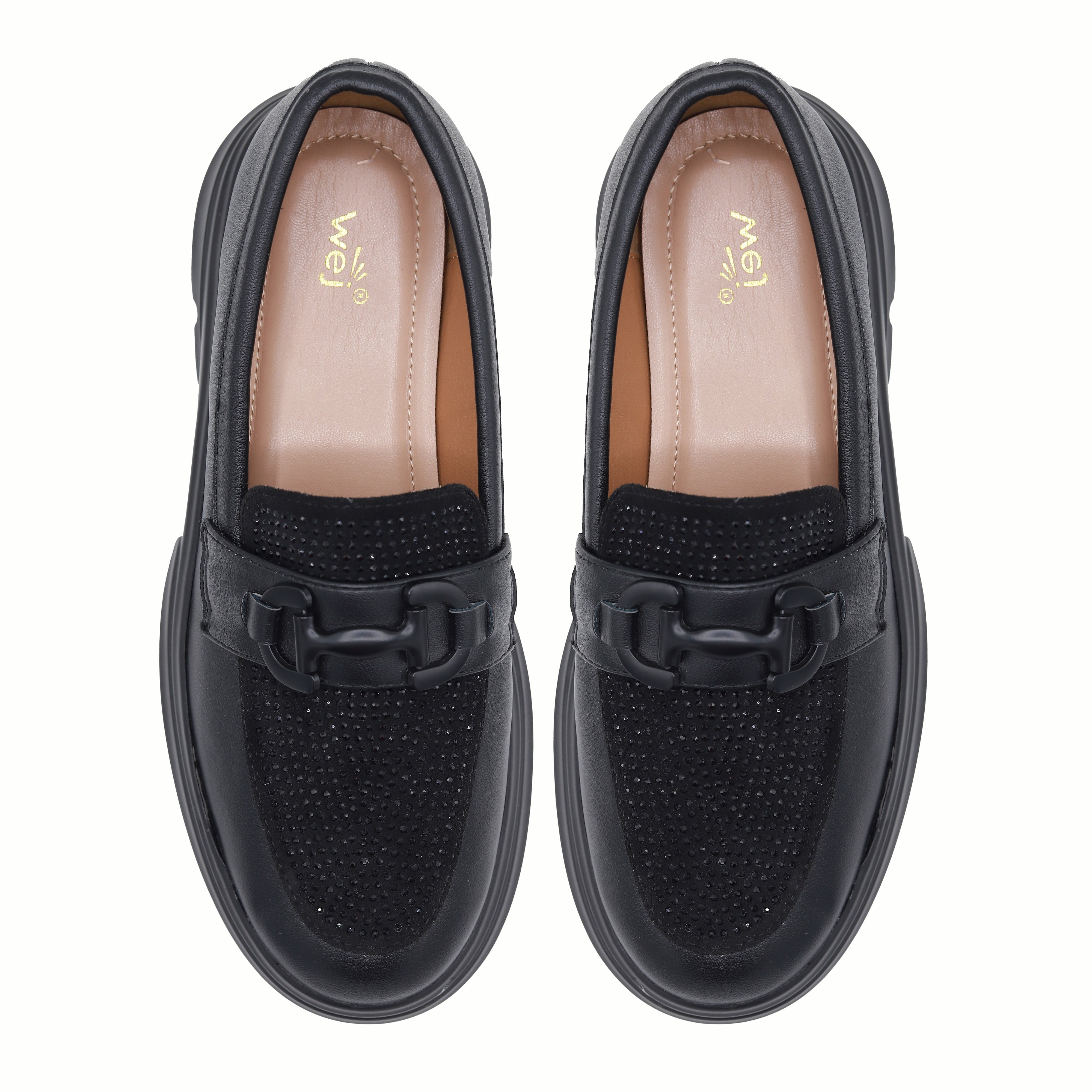 Rhinestone Platform Loafers - Women's Chunky Lug Sole 8004424 Black