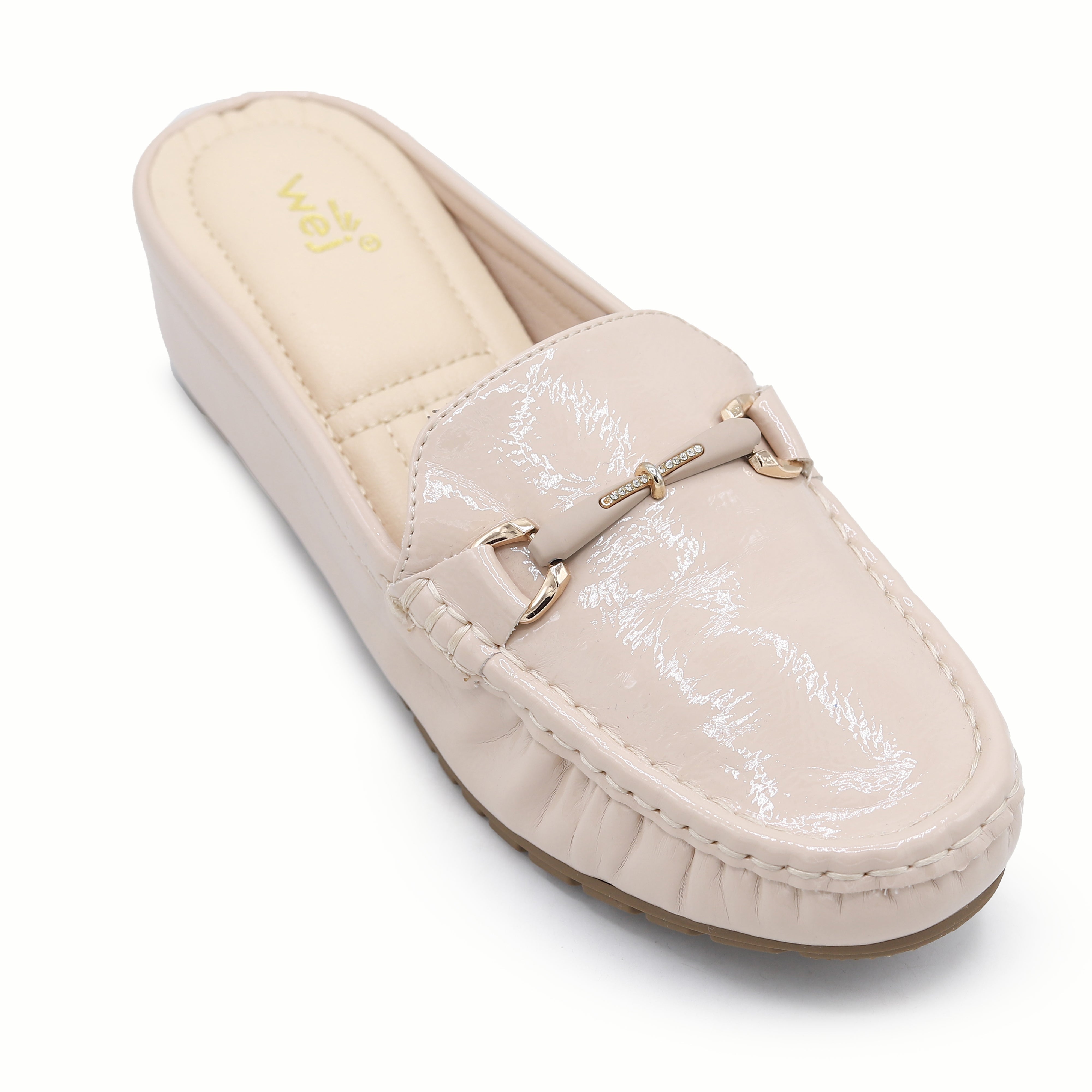 Patent Loafer Mules Women's Wedge Half Shoes 8007217 Beige