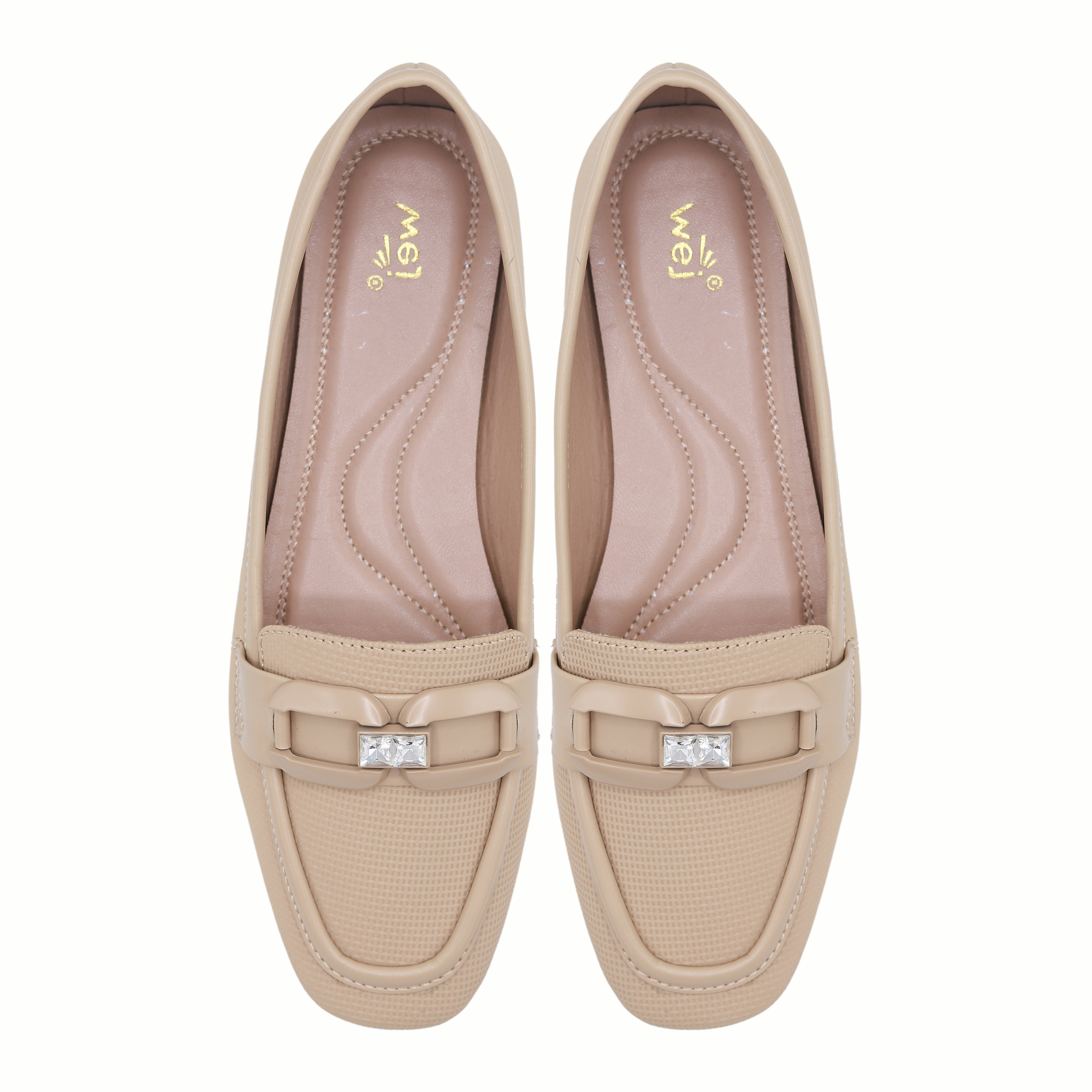 Beige Crystal-Buckle Loafers -8004417