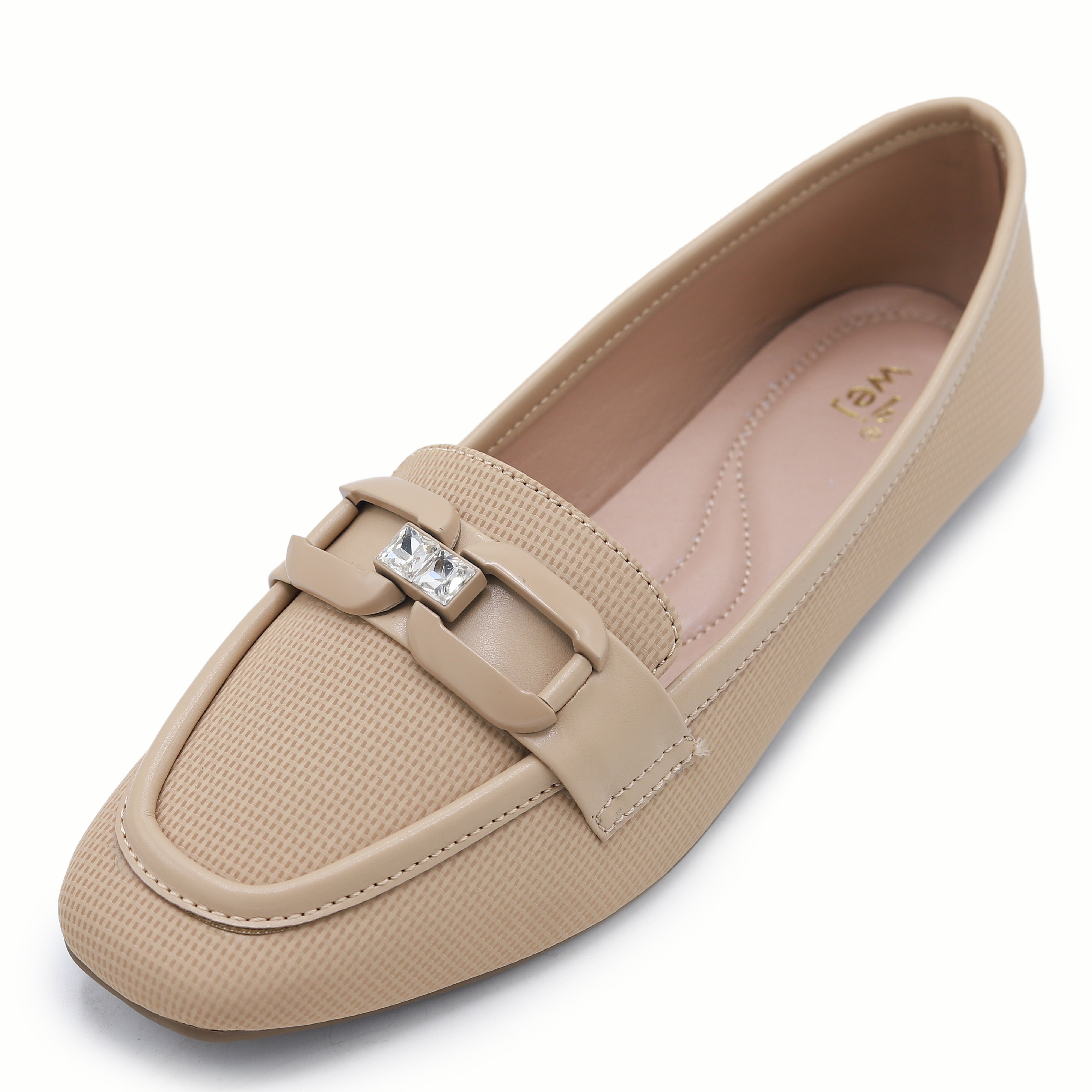 Beige Crystal-Buckle Loafers -8004417