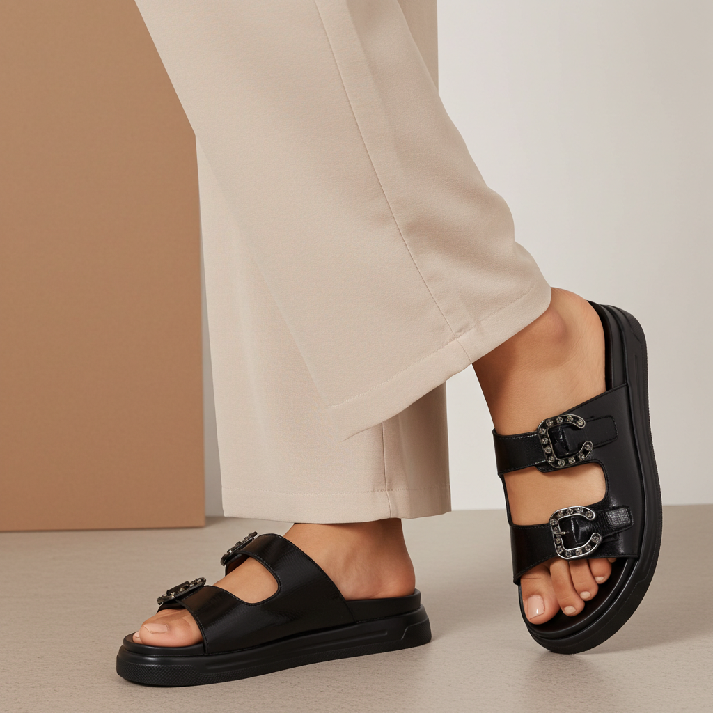 Black Double Buckle Slides - 8003430