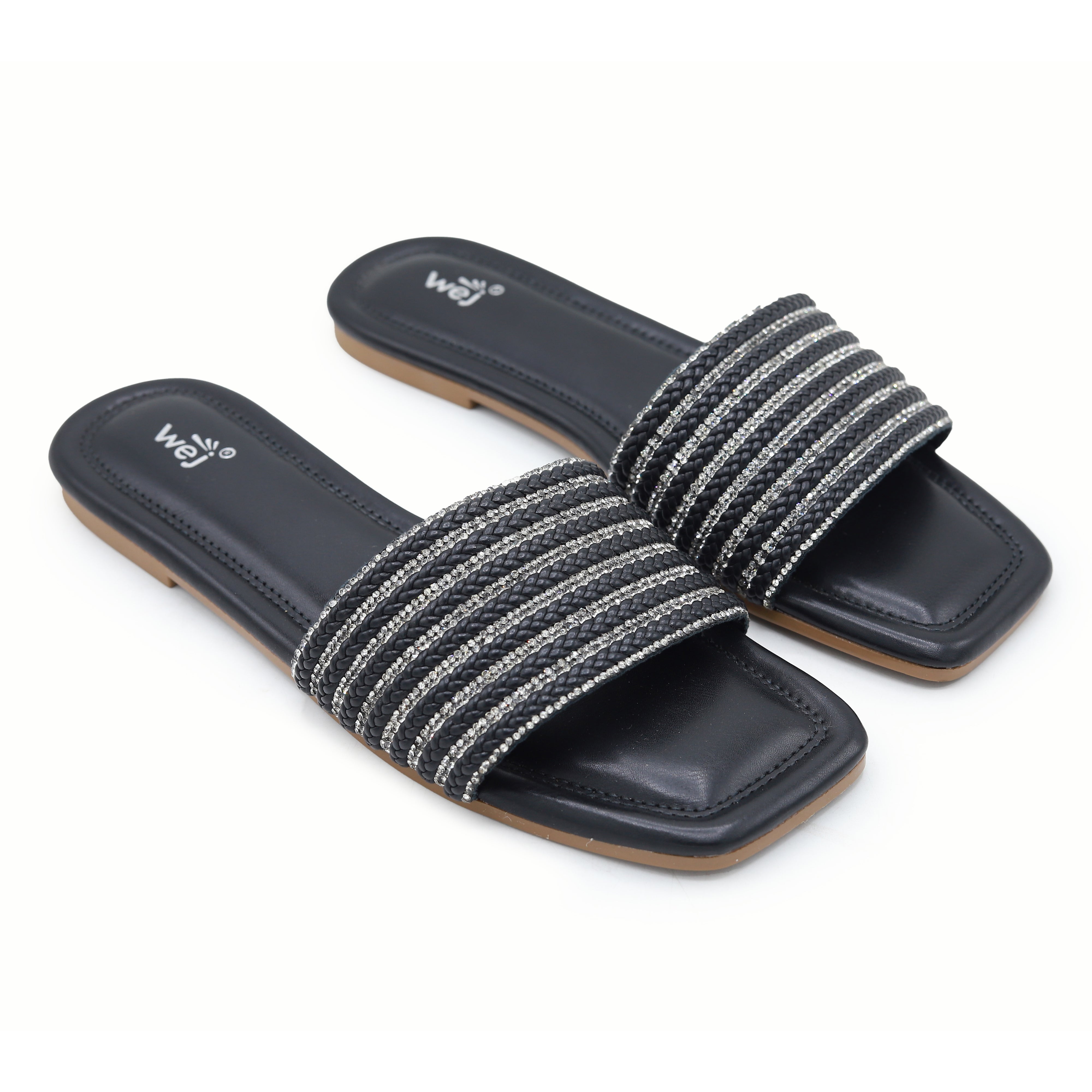 Black Sparkle Flat Sliders for Women – E Fashion - Main Image