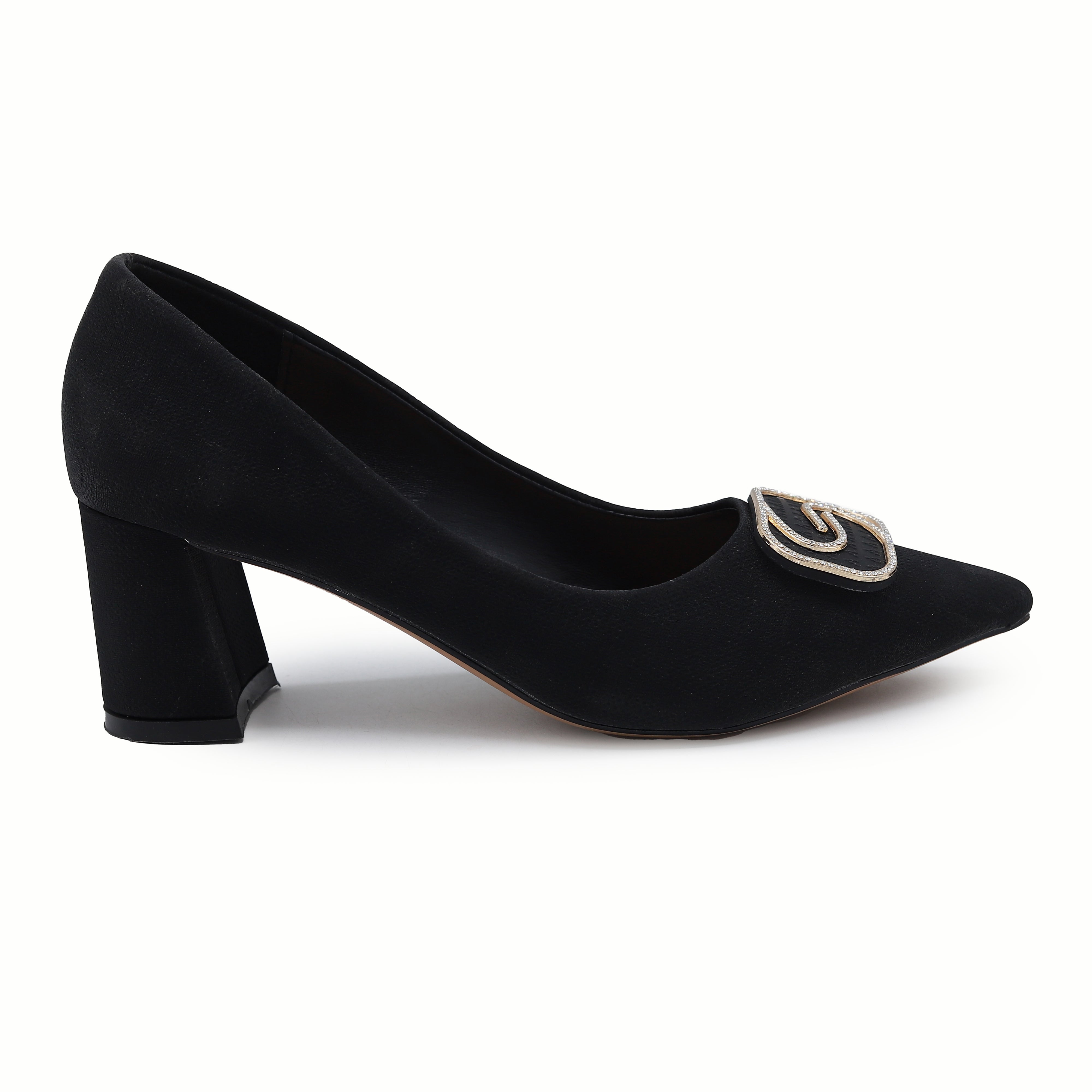 Black Court Shoes with Diamante Buckle - 8108178