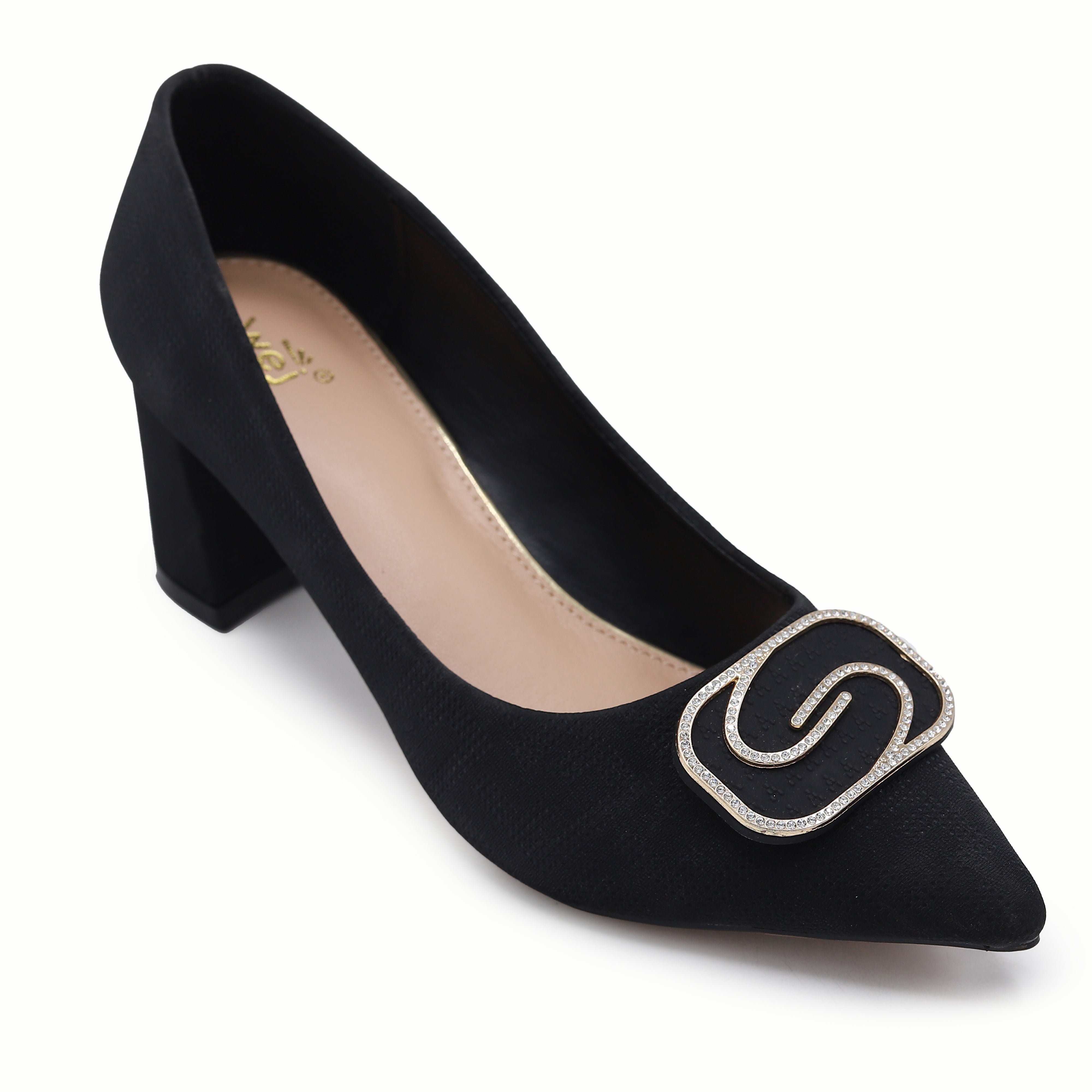 Black Court Shoes with Diamante Buckle - 8108178