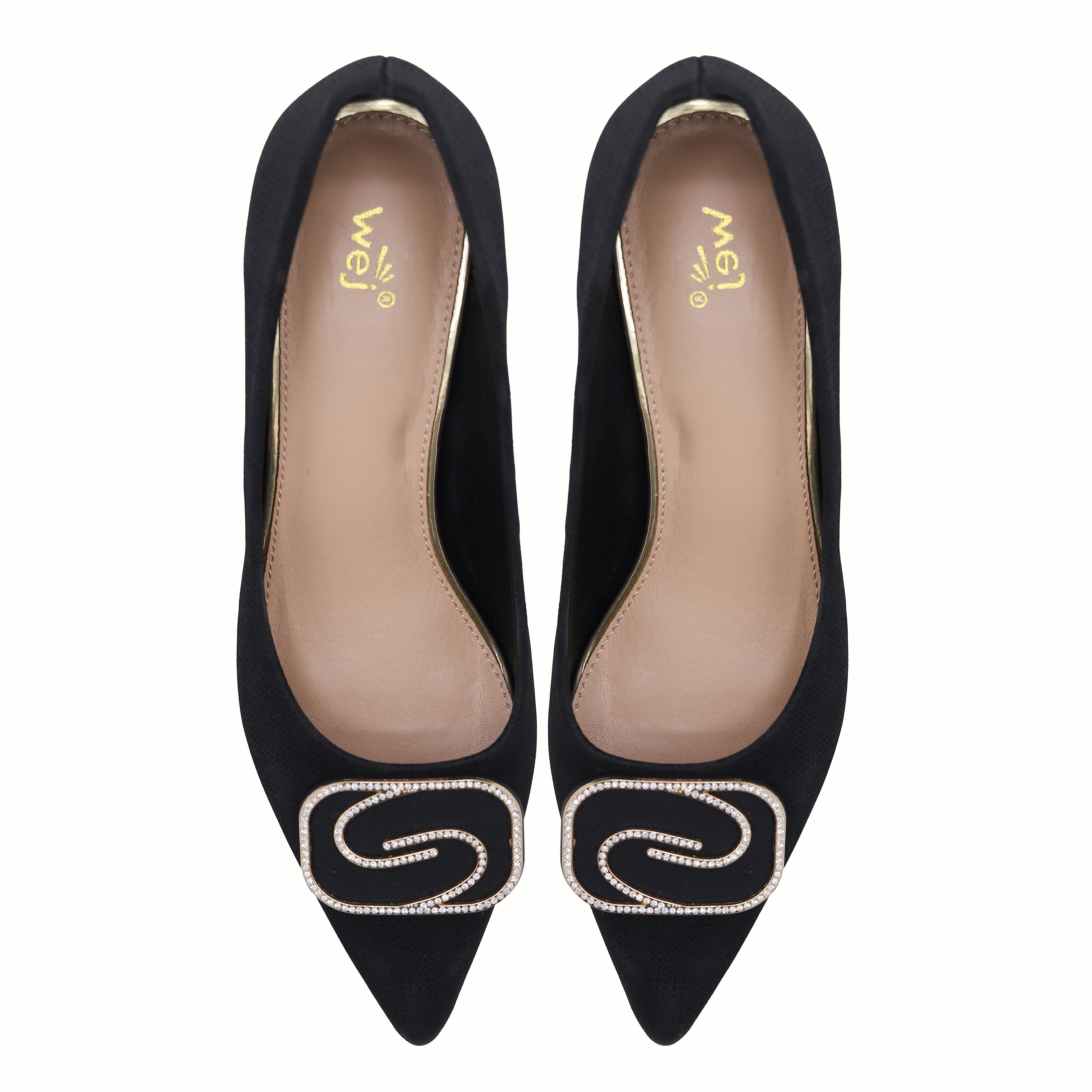 Black Court Shoes with Diamante Buckle - 8108178