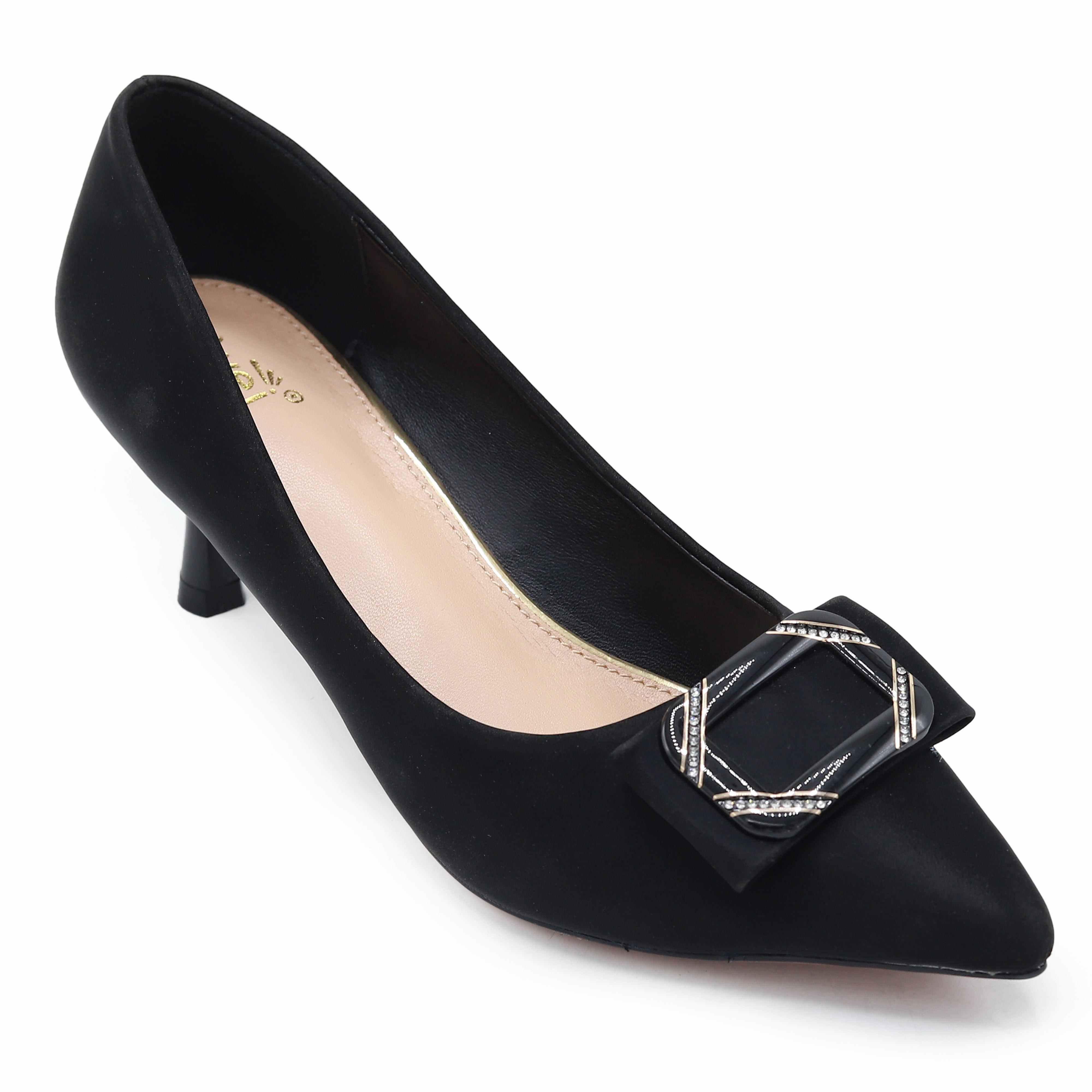 Black Court Shoes with Diamante Buckle - 8108163