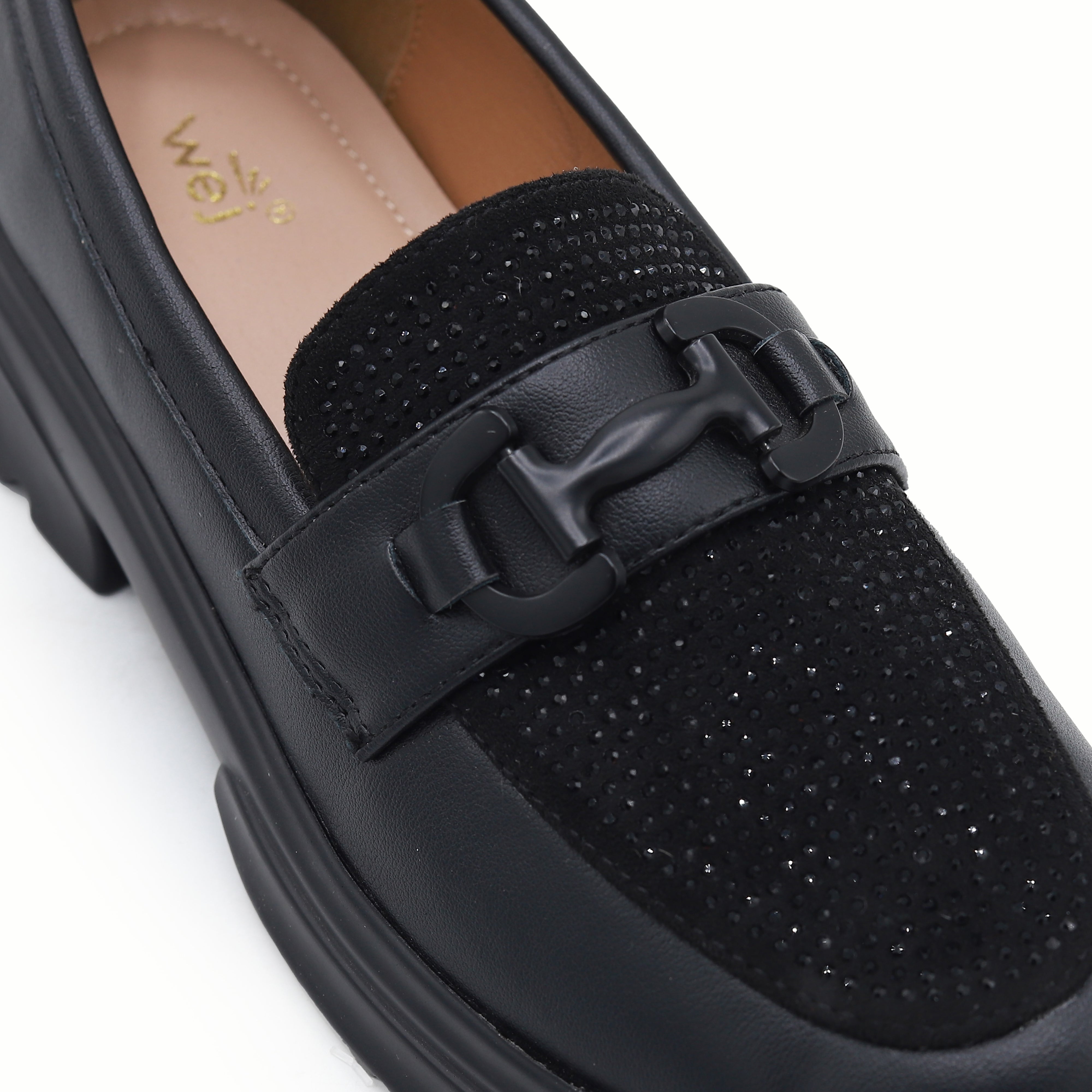 Rhinestone Platform Loafers - Women's Chunky Lug Sole 8004424 Black