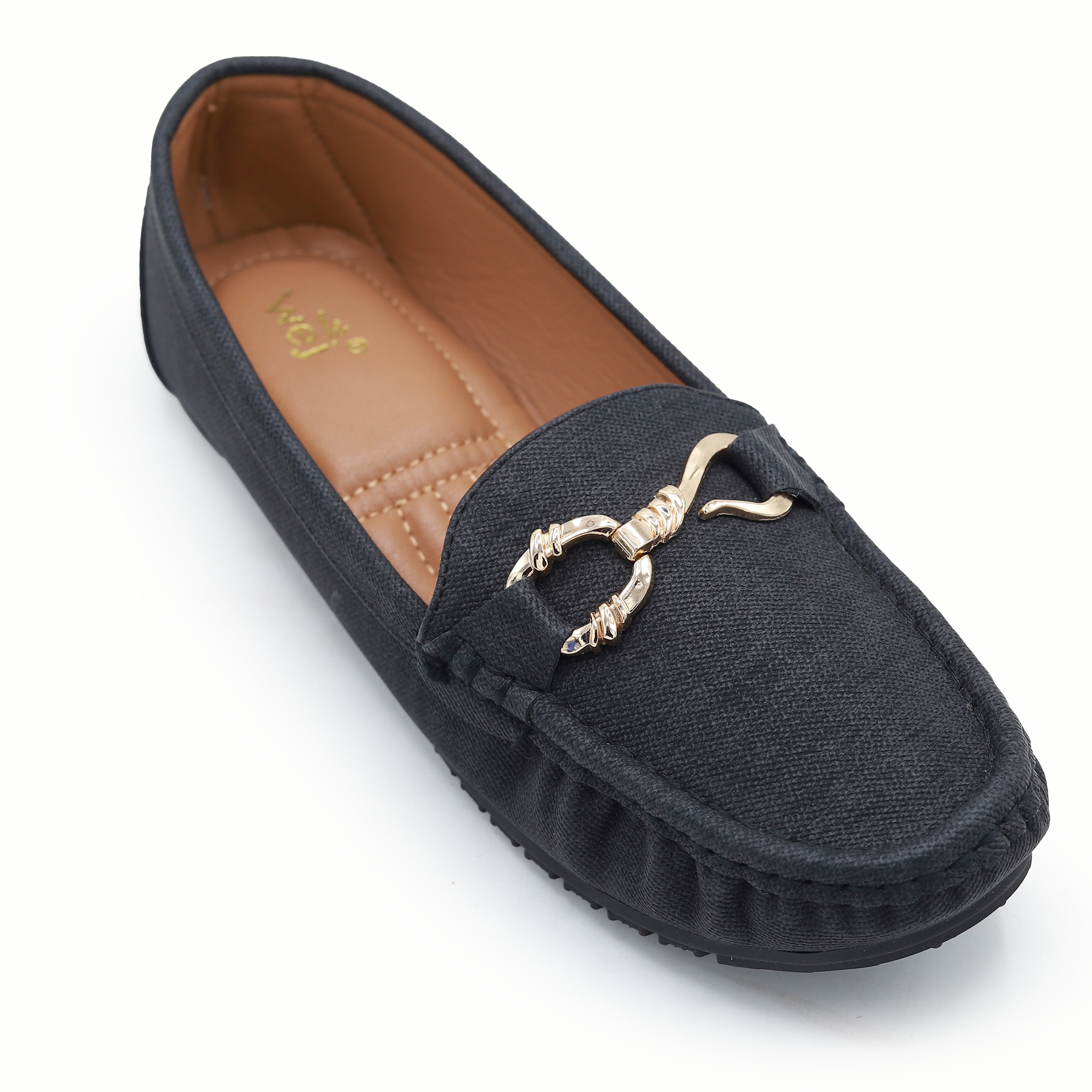 Chic Black Textured Loafers with Gold Buckle 8004347 Black