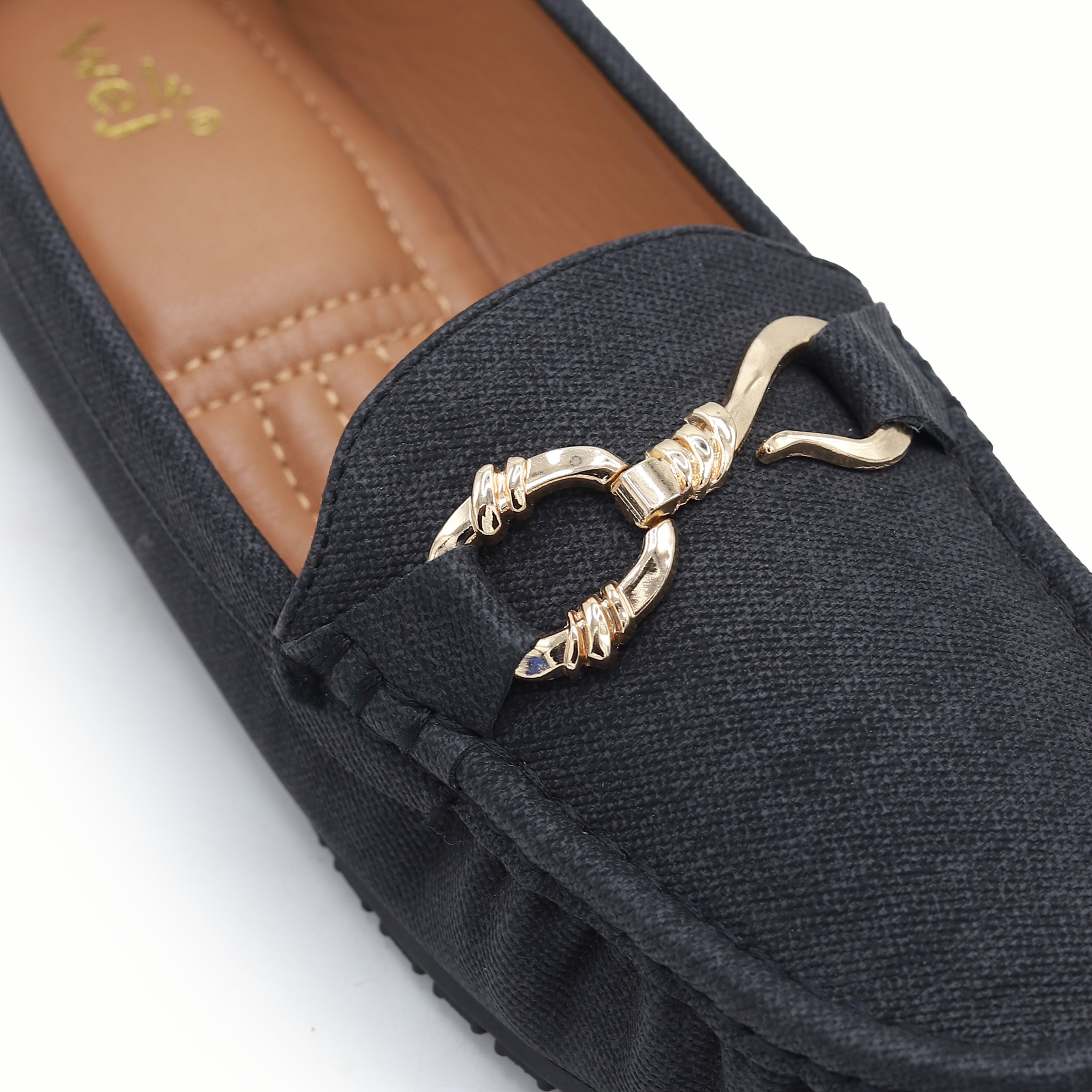 Chic Black Textured Loafers with Gold Buckle 8004347 Black
