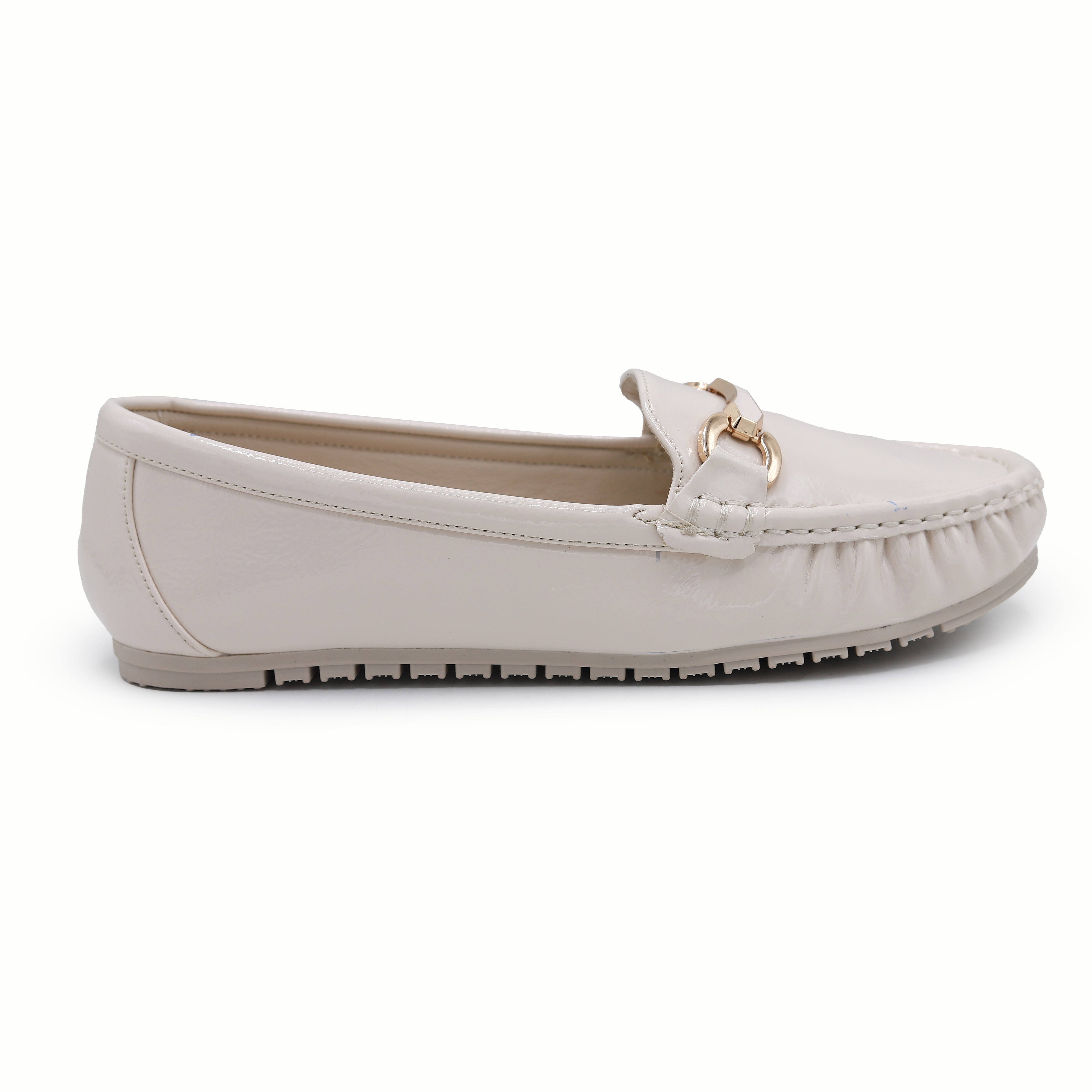 Chic Cream Patent Loafers with Gold Buckle 8004352 Fawn