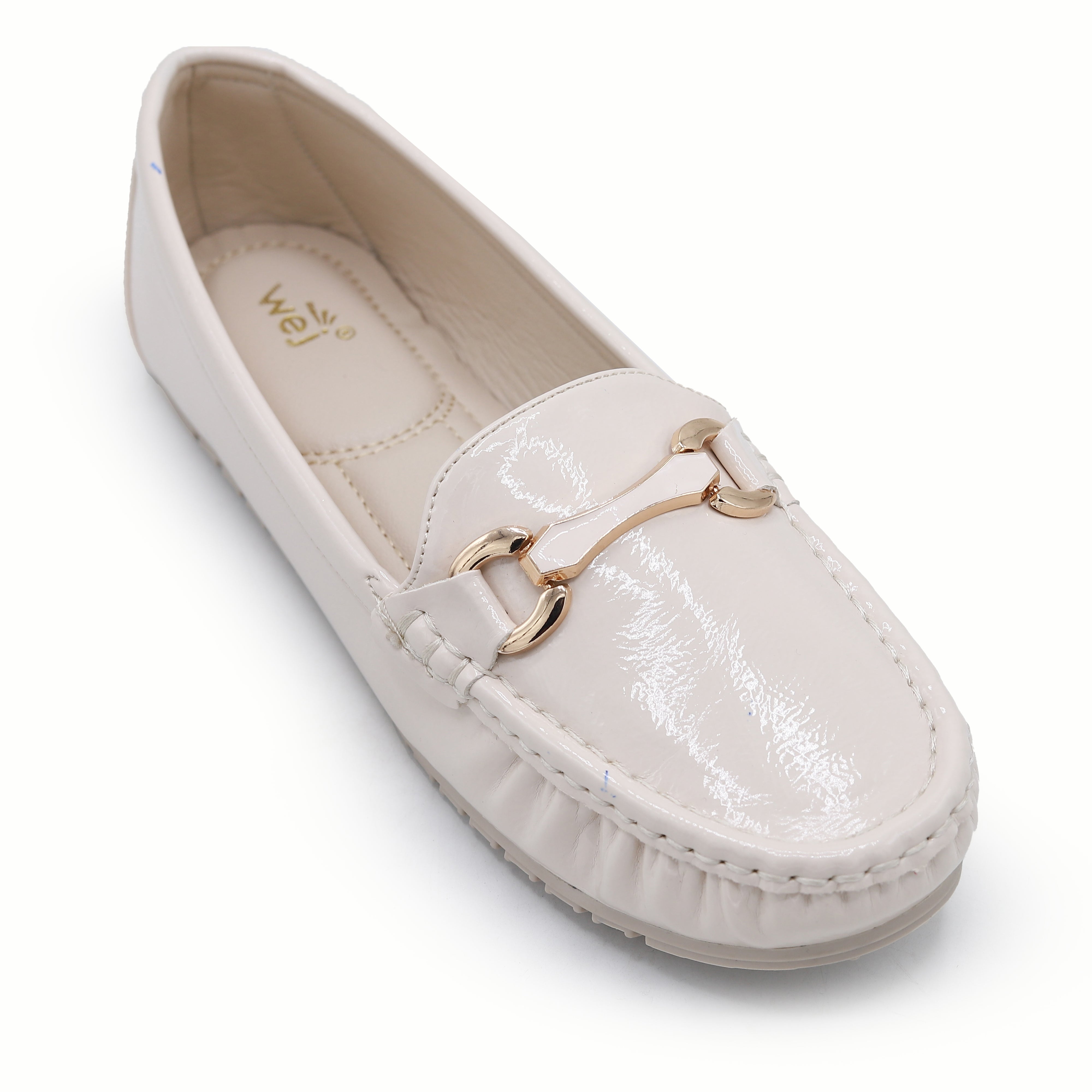 Chic Cream Patent Loafers with Gold Buckle 8004352 Fawn