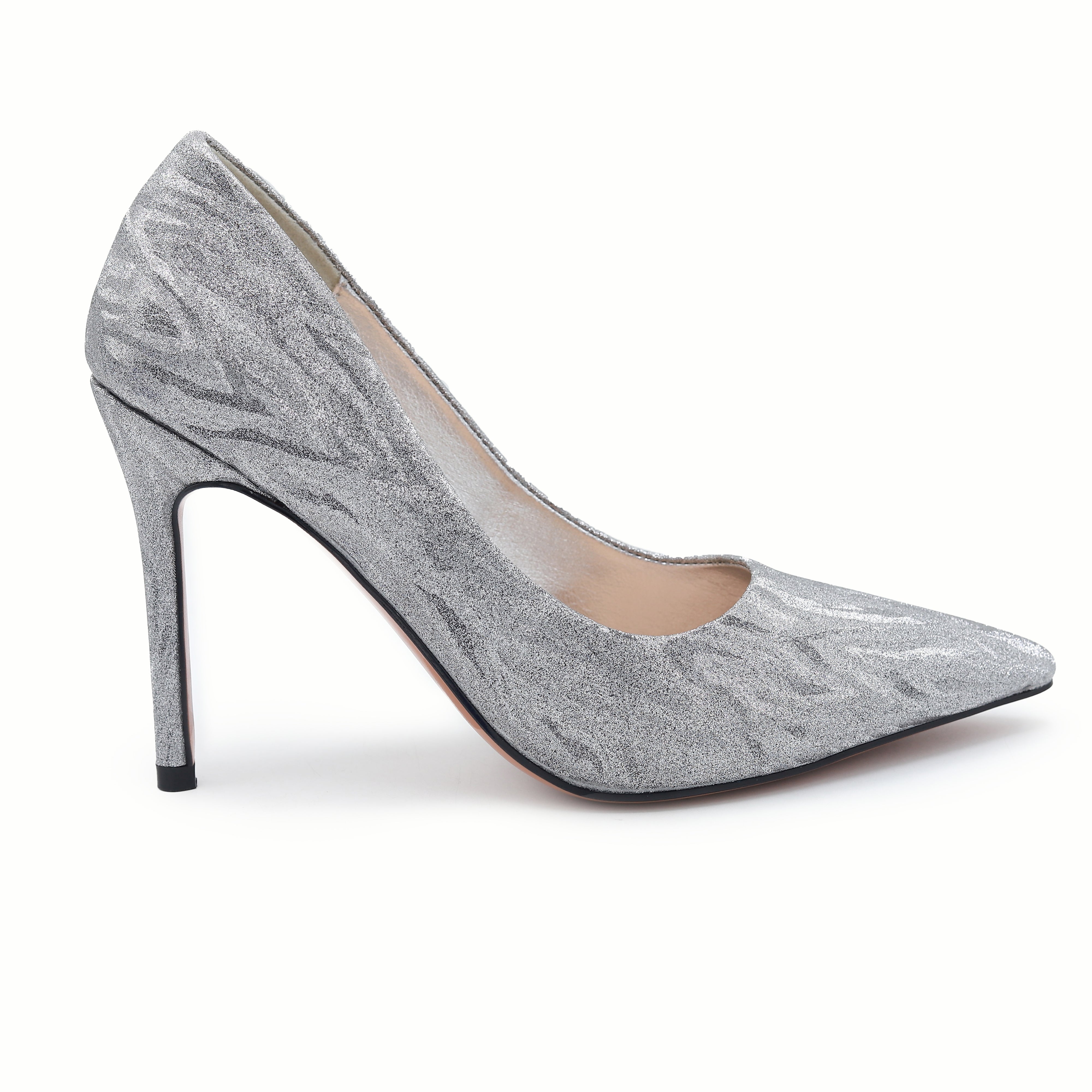 Silver high-heeled shoe on a white background