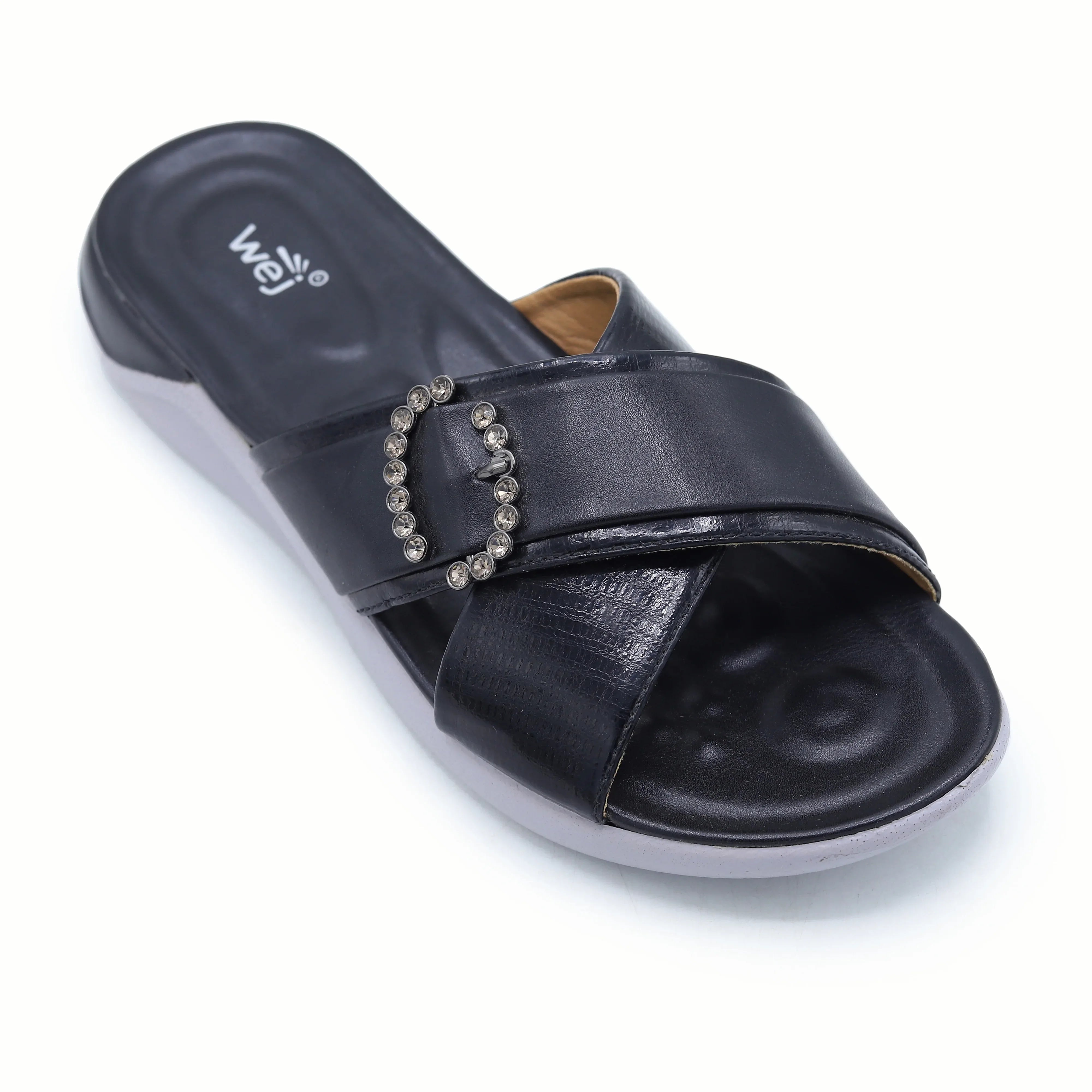 Crystal Buckle Slides 8003457 Black - E Fashion