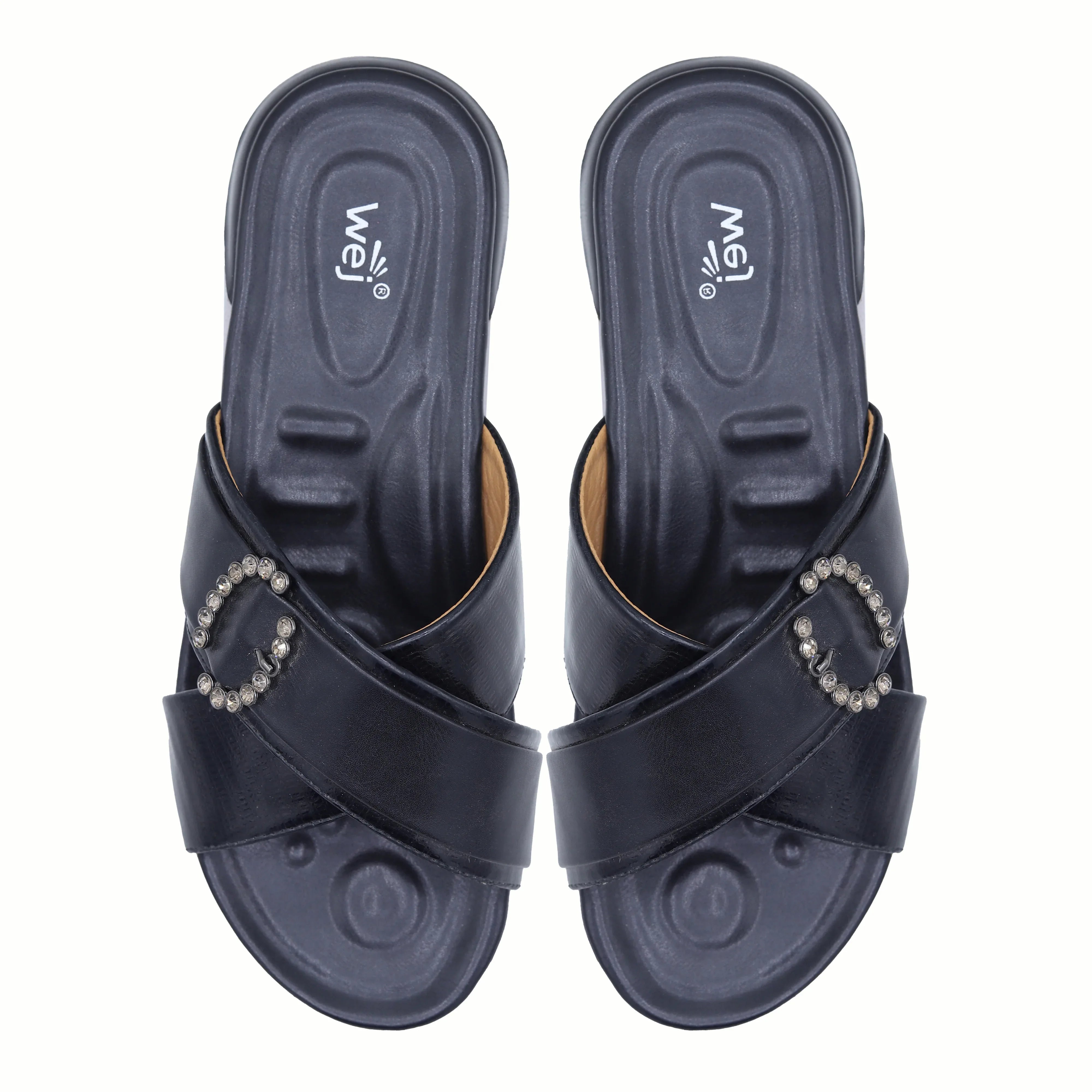 Crystal Buckle Slides 8003457 Black - E Fashion