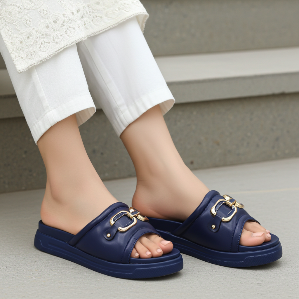 Navy Elegant Buckle Softy Slides - 8003431
