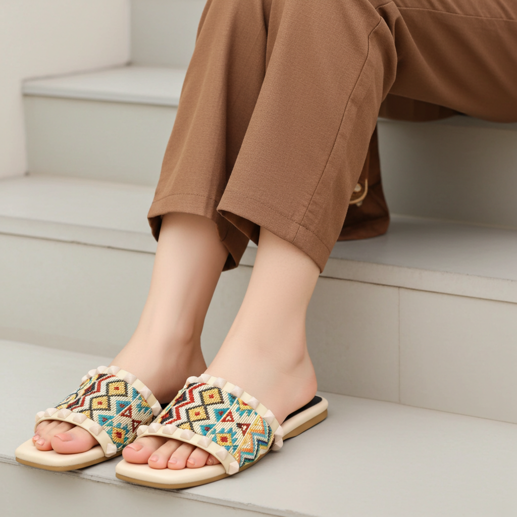 Beige Chic Embroidered Flat Slides - 8003403