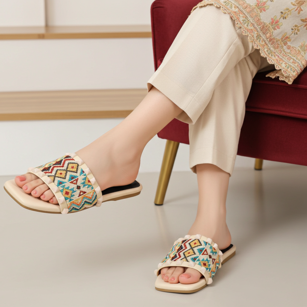 Beige Chic Embroidered Flat Slides - 8003403