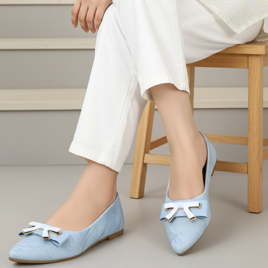 Sky Blue Bow Flat Shoes / 8006200