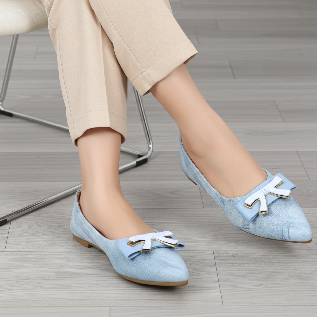 Sky Blue Bow Flat Shoes / 8006200
