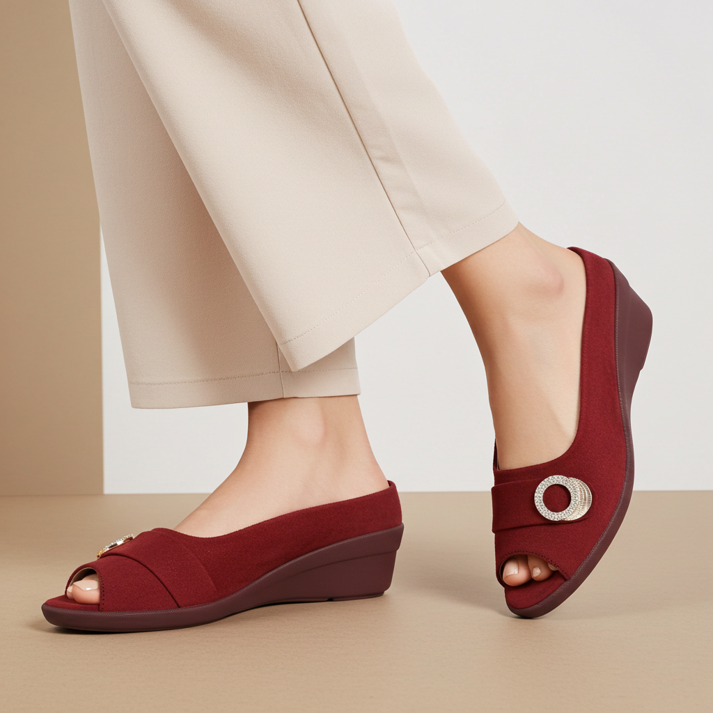 Maroon Wedge Peep Toe Shoes - 8007231