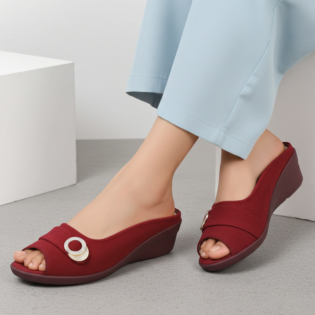 Maroon Wedge Peep Toe Shoes - 8007231