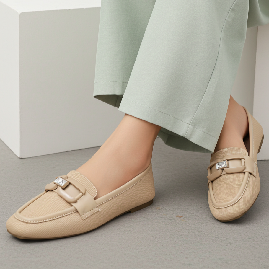 Beige Crystal-Buckle Loafers -8004417