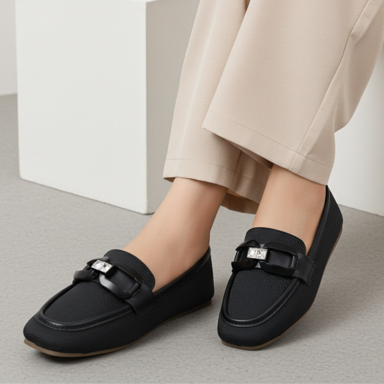 Black Crystal-Buckle Loafers - 8004417