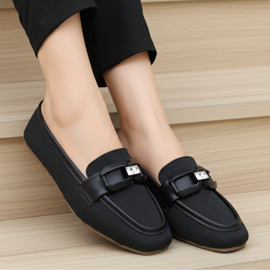 Black Crystal-Buckle Loafers - 8004417