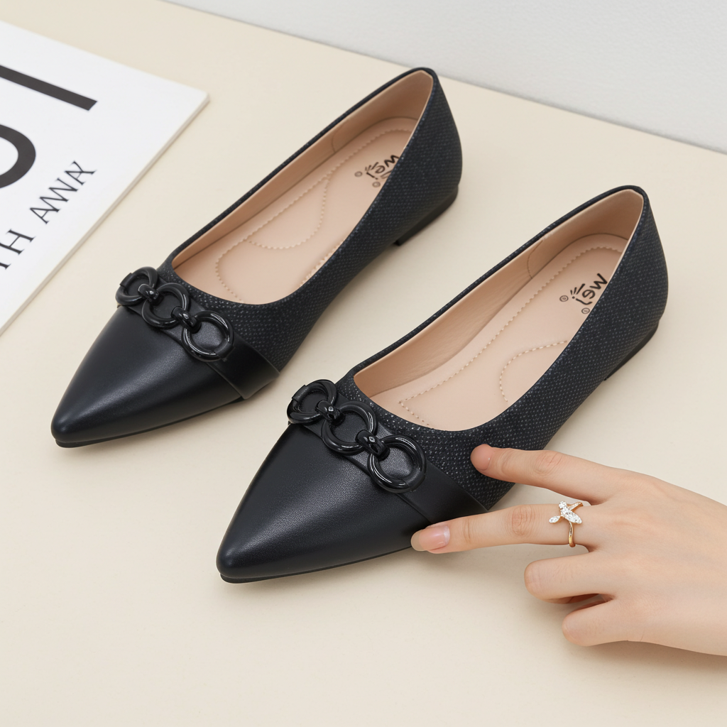 Black Pointed Toe Flats - 8006295