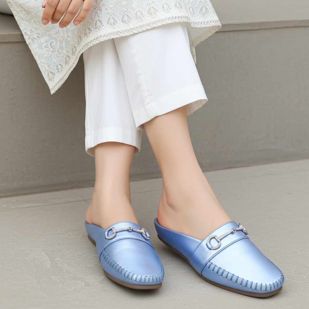 Blue Moccasin Mules - 8004336